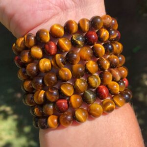 One Tigers Eye Bracelet, Stretchy Gemstone Bracelet, Crystal Bracelet, Beaded Bracelet, Gold Red Blue, Round 8mm Bead Bracelet,