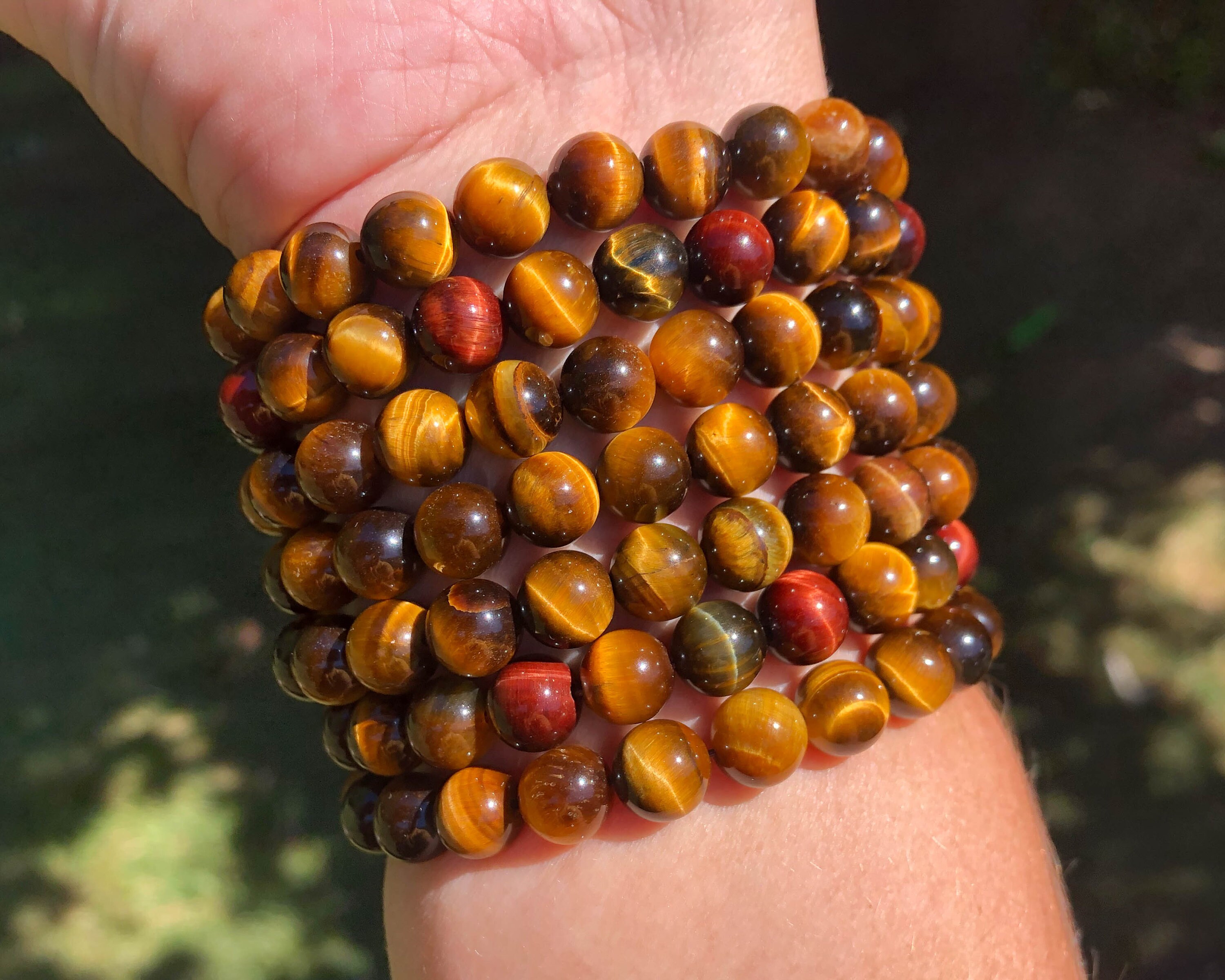 One Tigers Eye Bracelet, Stretchy Gemstone Bracelet, Crystal Bracelet, Beaded Bracelet, Gold Red Blue, Round 8mm Bead Bracelet,