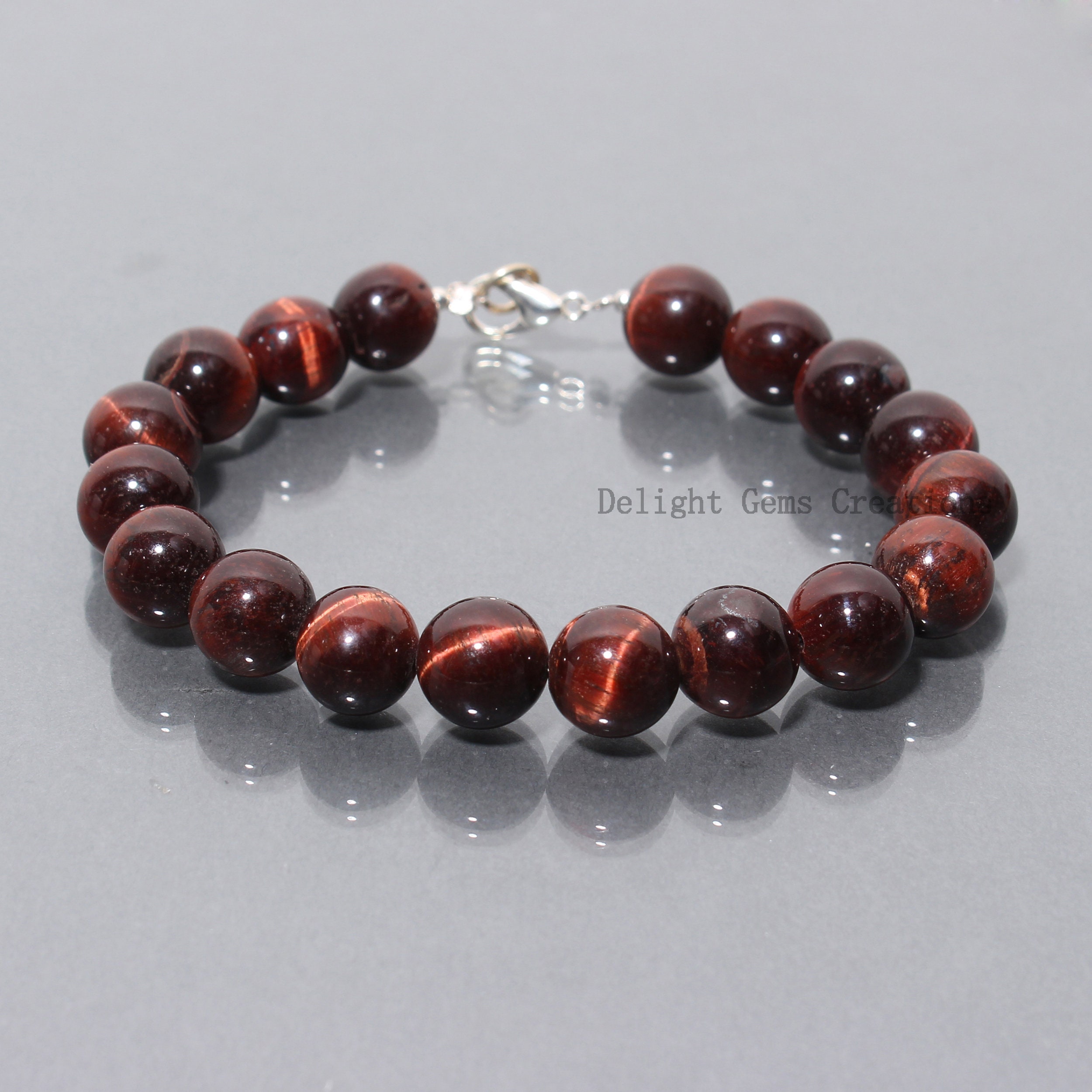 Red Tiger Eye Bracelet, 10mm Round Gemstone Beads, Healing Crystal