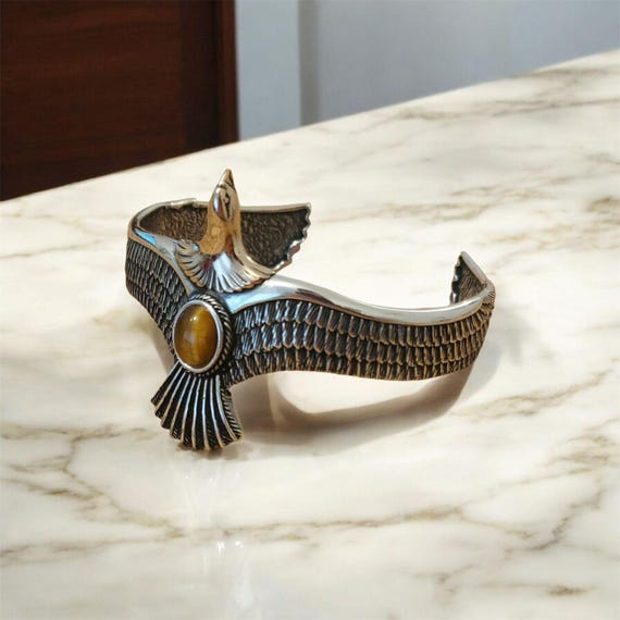Sterling Silver Eagle Cuff Bracelet, Tiger Eye Stone Bangle