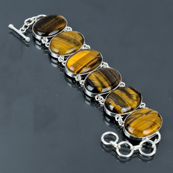 Tiger's Eye 925 Sterling Silver Bracelet: Handmade Boho Gemstone Jewelry