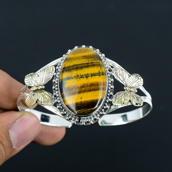 Tiger's Eye Butterfly Bangle: 18k Gold Plated 925 Sterling Silver Cuff