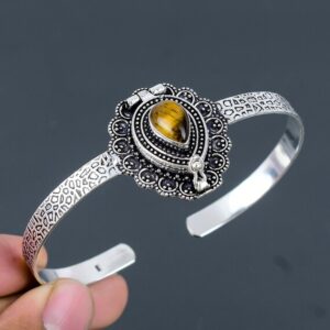 Tiger's Eye Poison Box Bangle: Handmade 925 Sterling Silver Adjustable Cuff