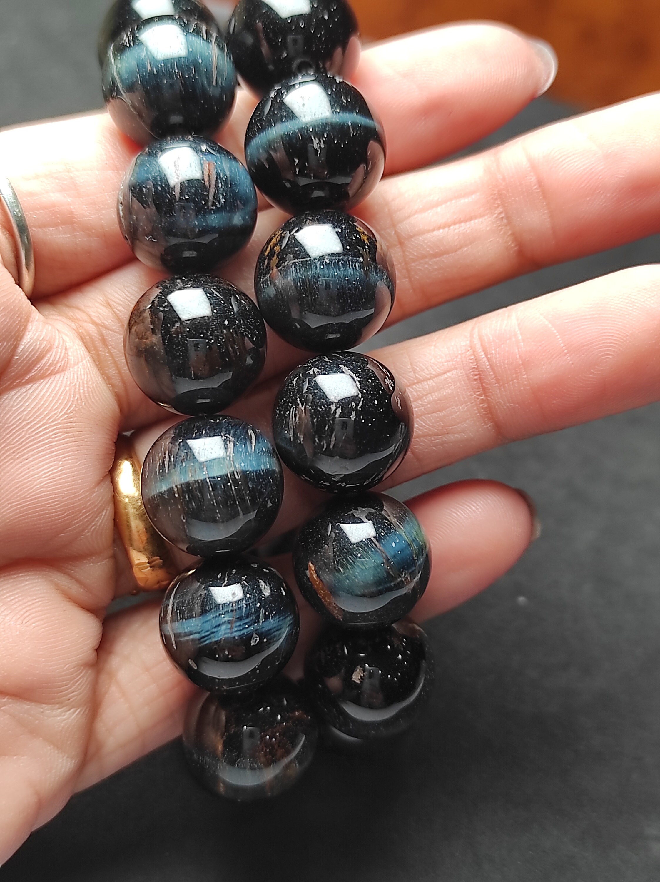Trendy Natural Black Tiger Eye Smooth Round Gemstone Beaded Bracelet, 14 Mm Stretchable Bracelet, Unisex Bracelet, Healing- Chakra Bracelet