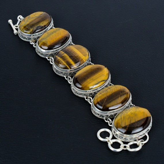 Vintage Handmade Tiger's Eye Bracelet: 925 Sterling Silver Adjustable Chain Vintage Handmade Tiger's Eye Bracelet: 925 Sterling Silver Adjustable Chain