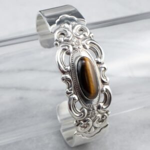 Vintage Sterling Silver Tigers Eye Cuff Bracelet, Ornate Bezel