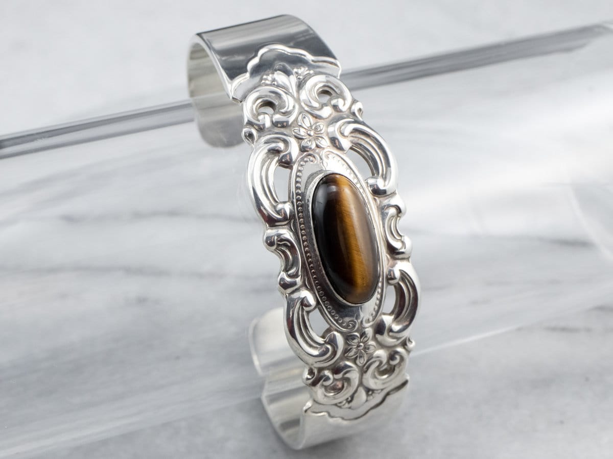 Vintage Sterling Silver Tigers Eye Cuff Bracelet, Ornate Bezel Vintage Sterling Silver Tigers Eye Cuff Bracelet, Ornate Bezel