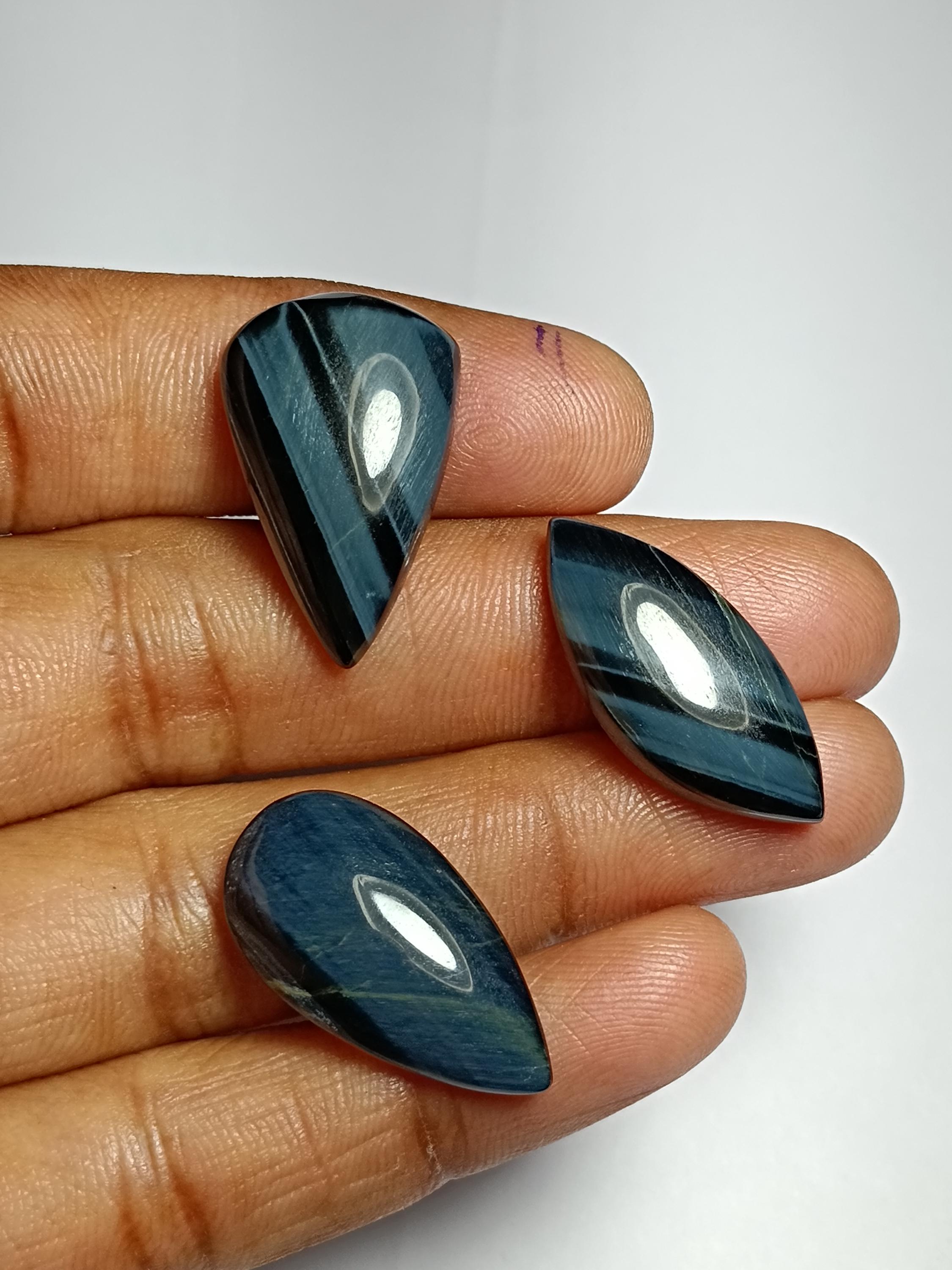 Blue Tiger Eye Gemstone Cabochons: Handmade Jewelry Lot (40 Cts, 3 Pcs.)