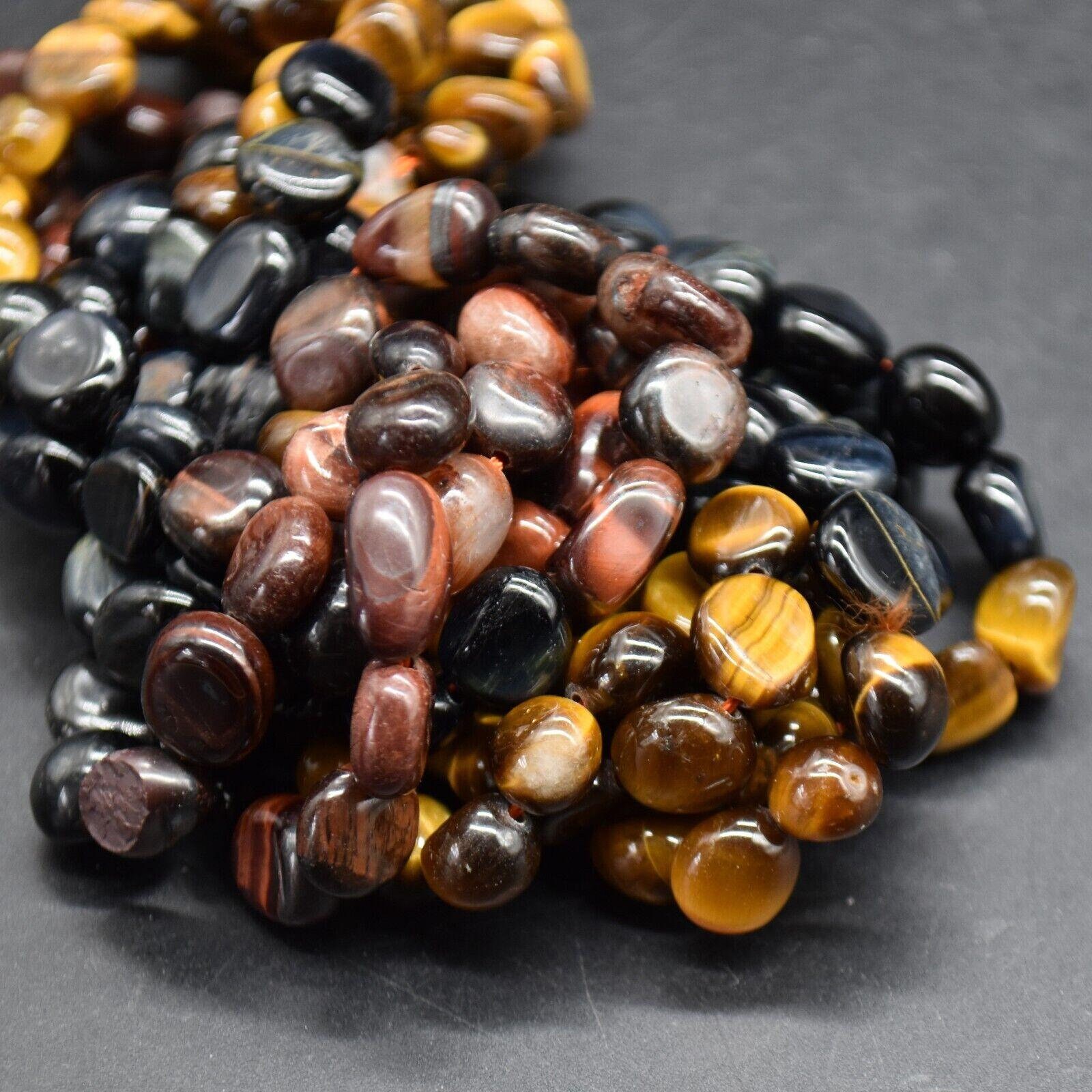 Mixed 3 Colour Tiger Eye Gemstone Tumblestone Nugget Pebble Beads - 8mm - 10mm - 15" Strand