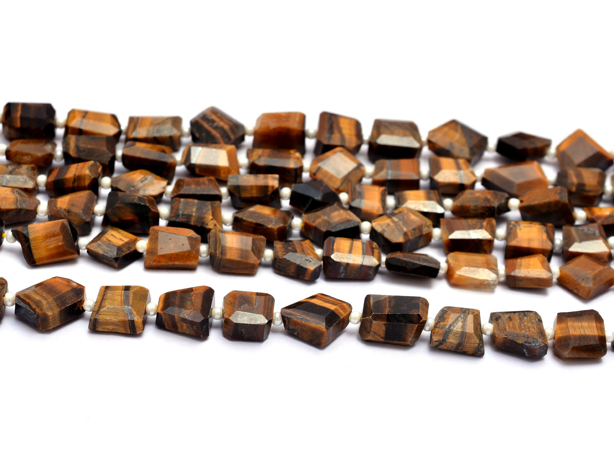 Natural Yellow Tiger Eye Gemstone 6mm-8mm Faceted Tumbled Beads | Tiger Eye Semi Precious Gemstone Step Cut Nugget Beads | 14inch Strand