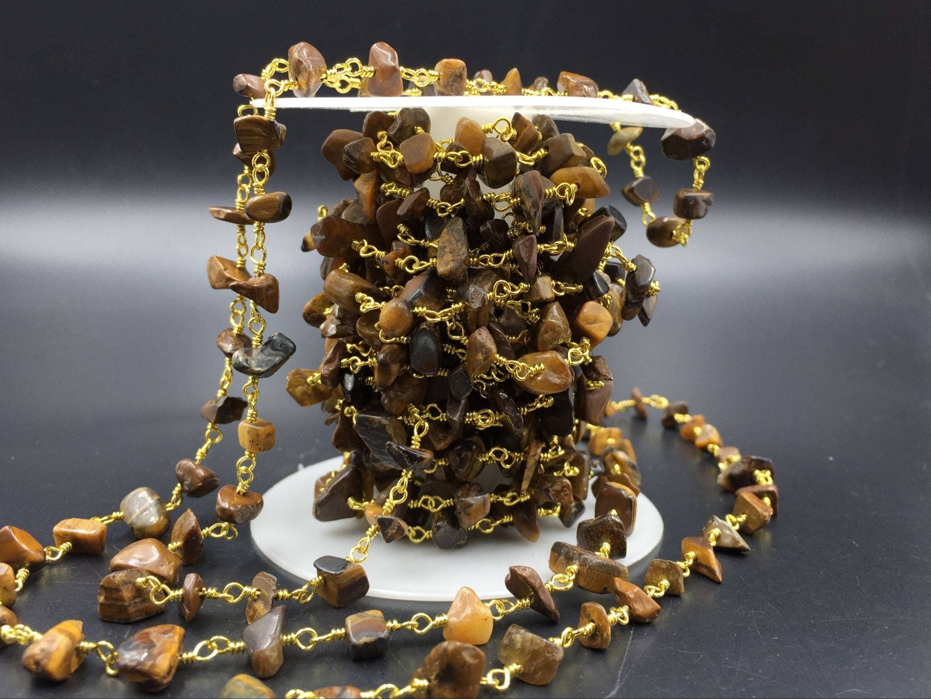 Tiger Eye Rosary Chain Wholesale Tiger Eye Chips Chain Wire Wrapped Jewelry Chain Silver&gold Rosary Style Gemstone Chain Ccn