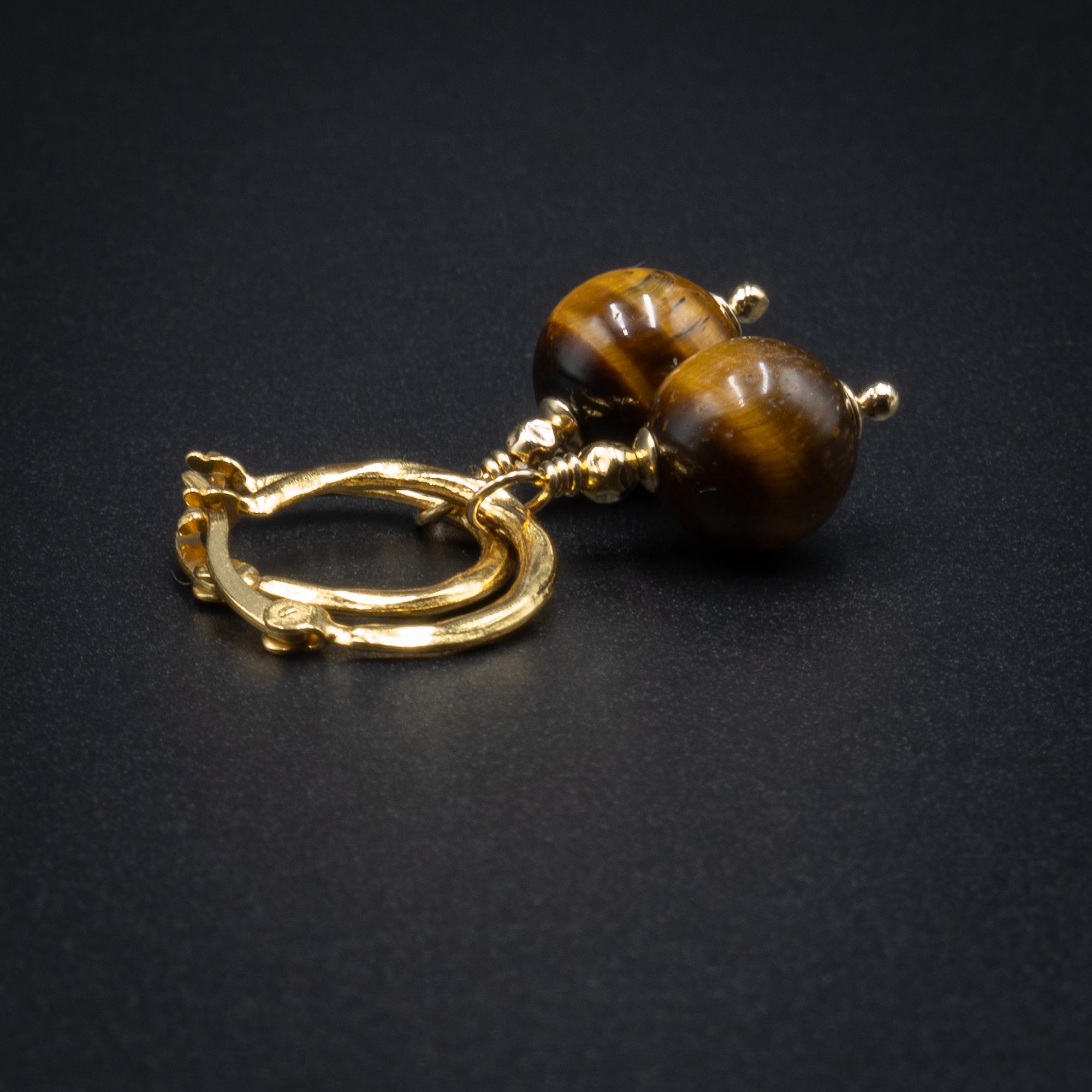 Tiger Eye And Vermeil Gold Handmade Hoop Drop Earrings : Capricorn Gift