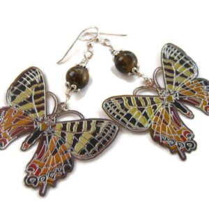Butterfly Tiger Eye Earrings, Lightweight Large Earrings, Enameled Jewelry Limited Edition, Long Dangle Nature Earrings Eg-1106 Butterfly Tiger Eye Earrings, Lightweight Large Earrings, Enameled Jewelry Limited Edition, Long Dangle Nature Earrings Eg-1106