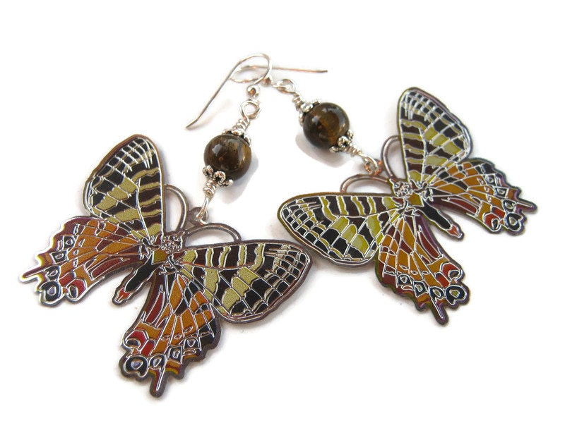 Butterfly Tiger Eye Earrings, Lightweight Large Earrings, Enameled Jewelry Limited Edition, Long Dangle Nature Earrings Eg-1106