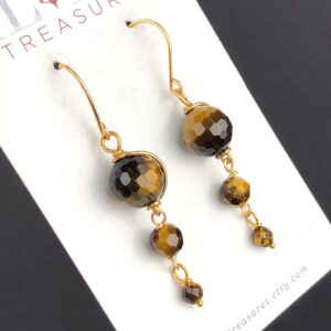 Tiger Eye Dangle Earrings, Gold Wire Wrapped, Handmade Artisan Gift 8260 Tiger Eye Dangle Earrings, Gold Wire Wrapped, Handmade Artisan Gift 8260