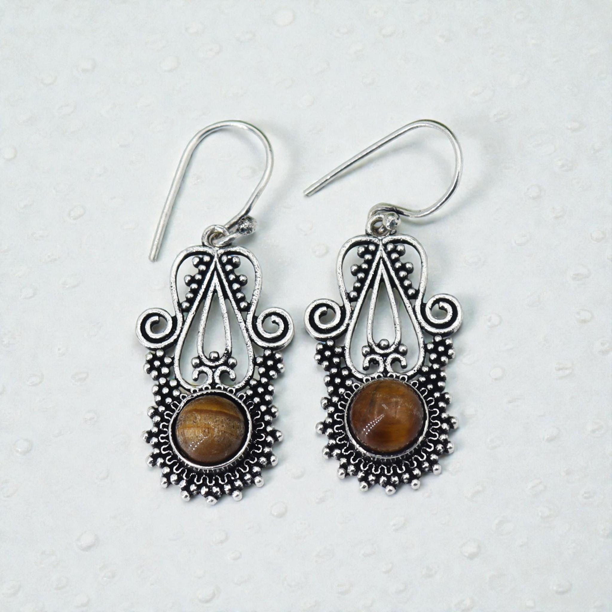 Tiger Eye Dangle Earrings | Tiger Eye Silver Earrings | Handmade Gemstone Earrings | Boho Drop Earrings | Vintage Style Jewelry