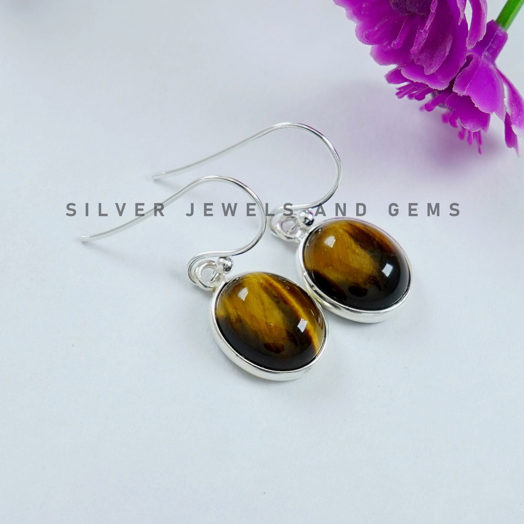 Tiger Eye Earring, 925 Sterling Silver Bezel Earring, Birthday Gift, Light Weight Earring, Oval Gemstone Earring, Handmade Earring