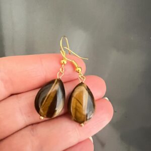 Handmade Tiger Eye Gold Plated Earrings. Simple Dangles, Brown Gemstones.