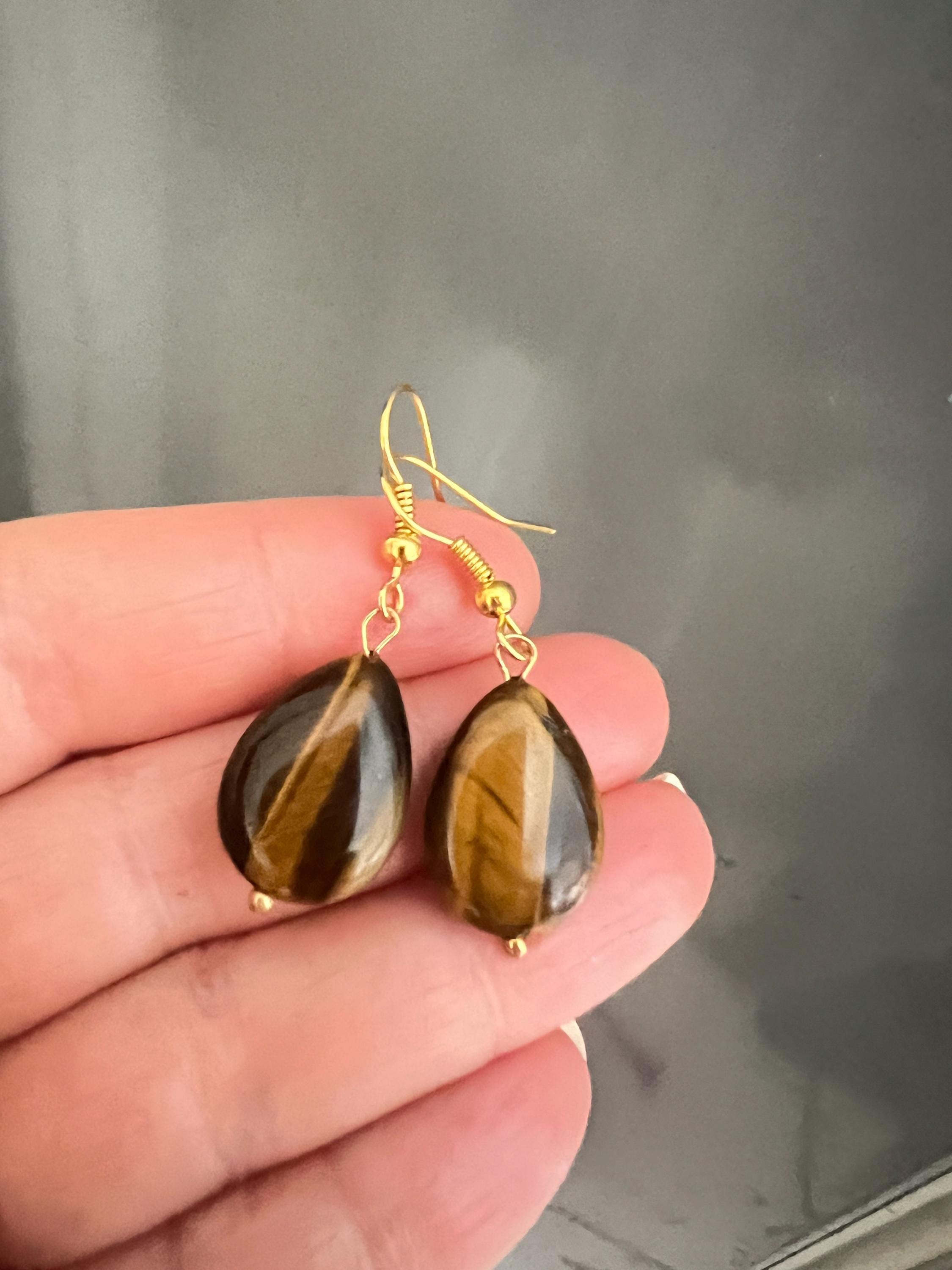 Handmade Tiger Eye Gold Plated Earrings. Simple Dangles, Brown Gemstones.