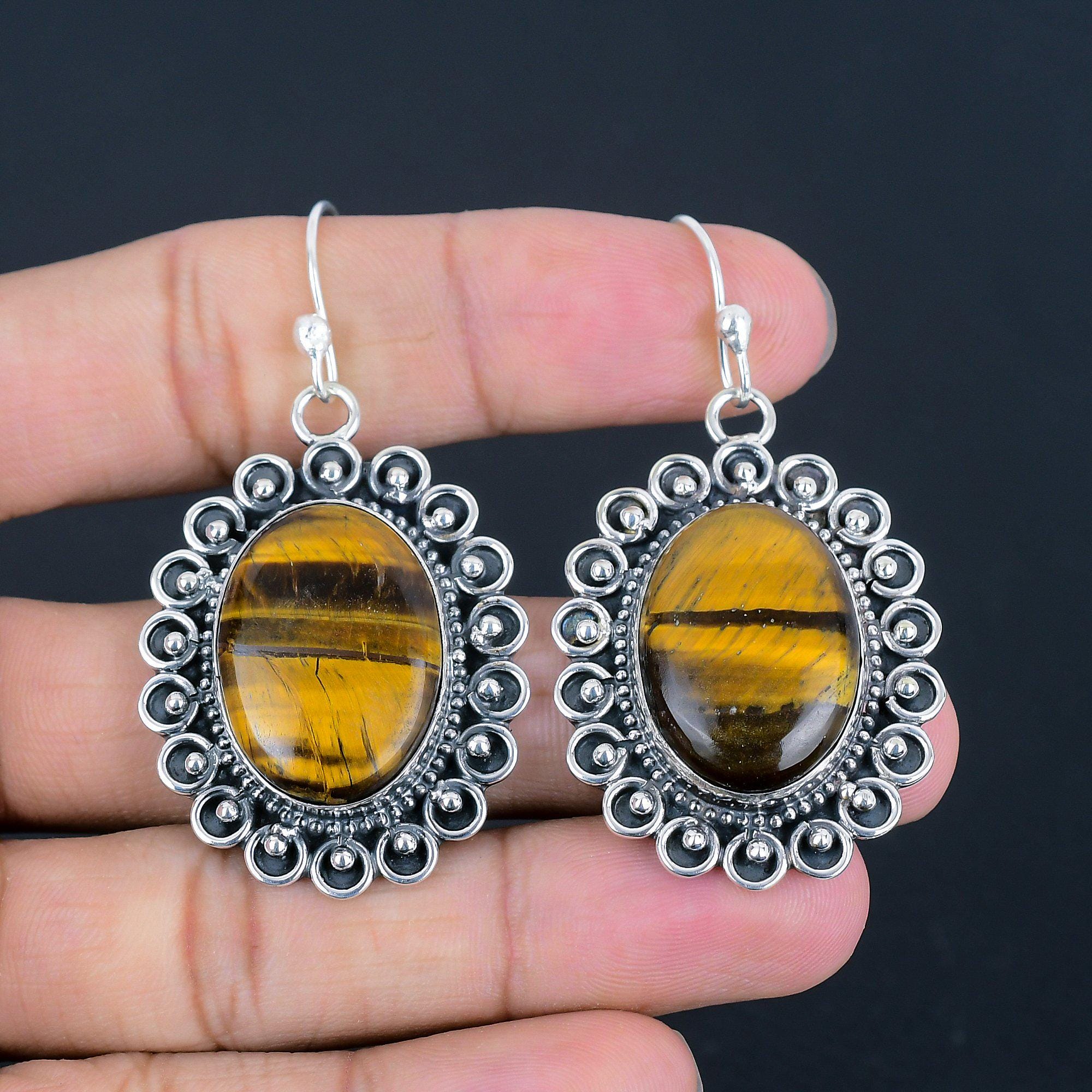 Handmade Oval Tiger's Eye Earrings: 925 Sterling Silver Gemstone Jewelry