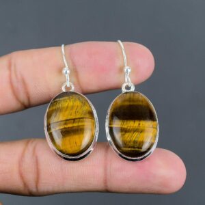 Handmade Oval Tiger's Eye 925 Sterling Silver Dangle Earrings Handmade Oval Tiger's Eye 925 Sterling Silver Dangle Earrings