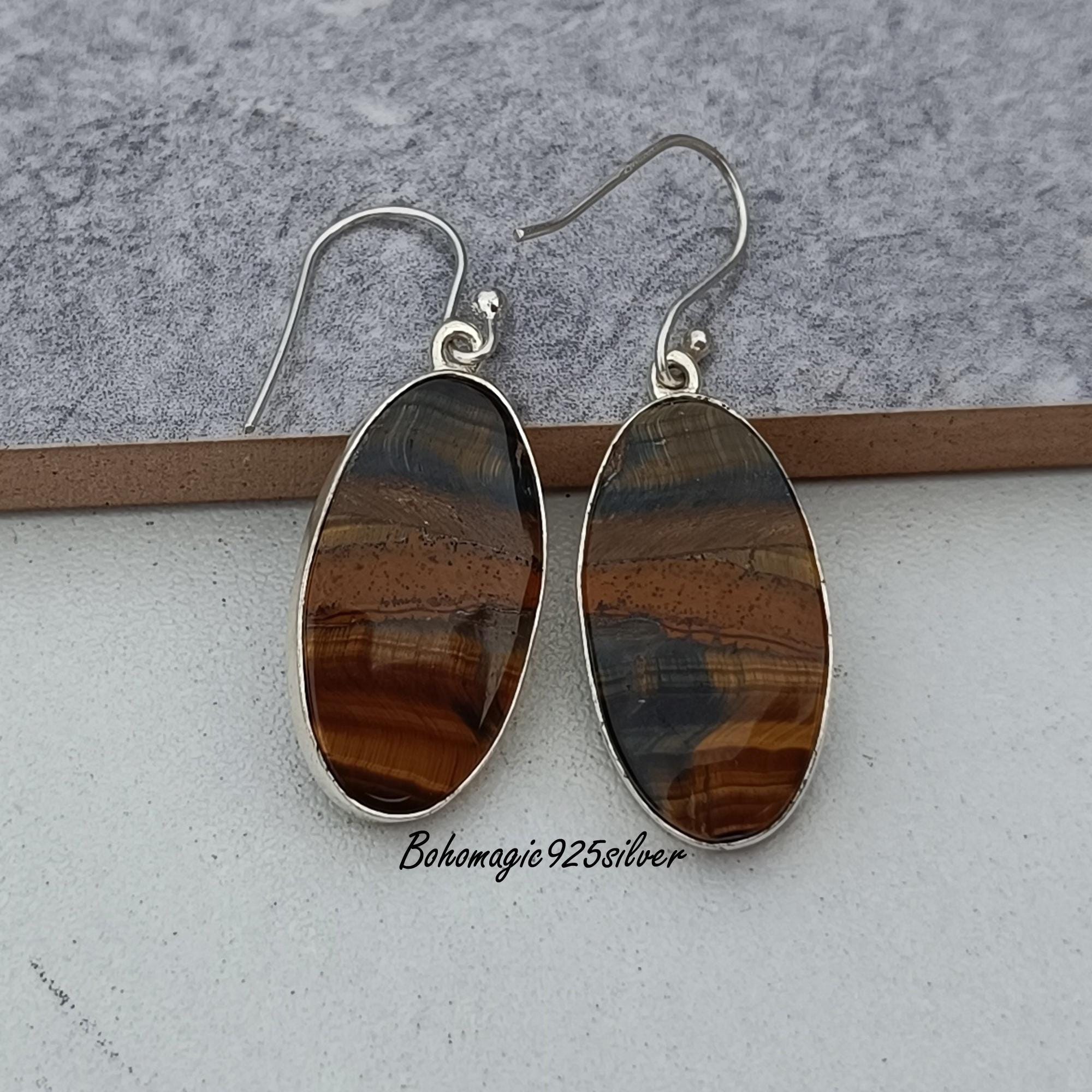 Handmade Tiger's Eye Dangle Earrings: 925 Sterling Silver Jewelry