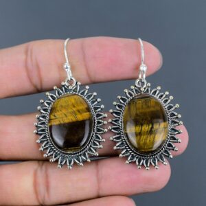 Handmade Tiger's Eye Dangle Earrings: 925 Sterling Silver Gemstone Jewelry Handmade Tiger's Eye Dangle Earrings: 925 Sterling Silver Gemstone Jewelry