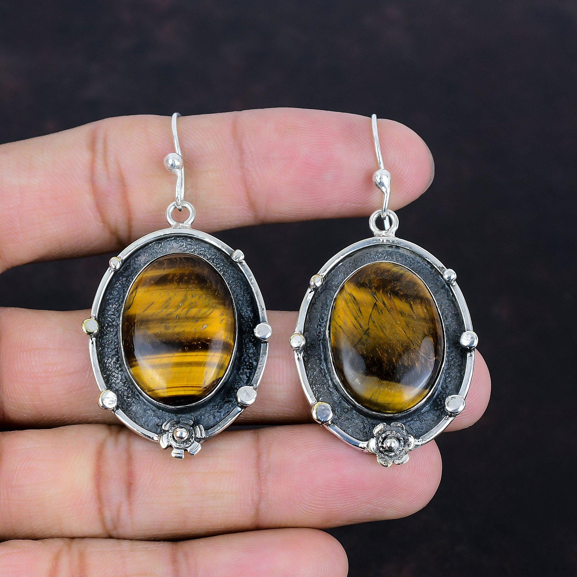 Handmade Tiger's Eye Earrings: 925 Sterling Silver Gemstone Drop Earrings
