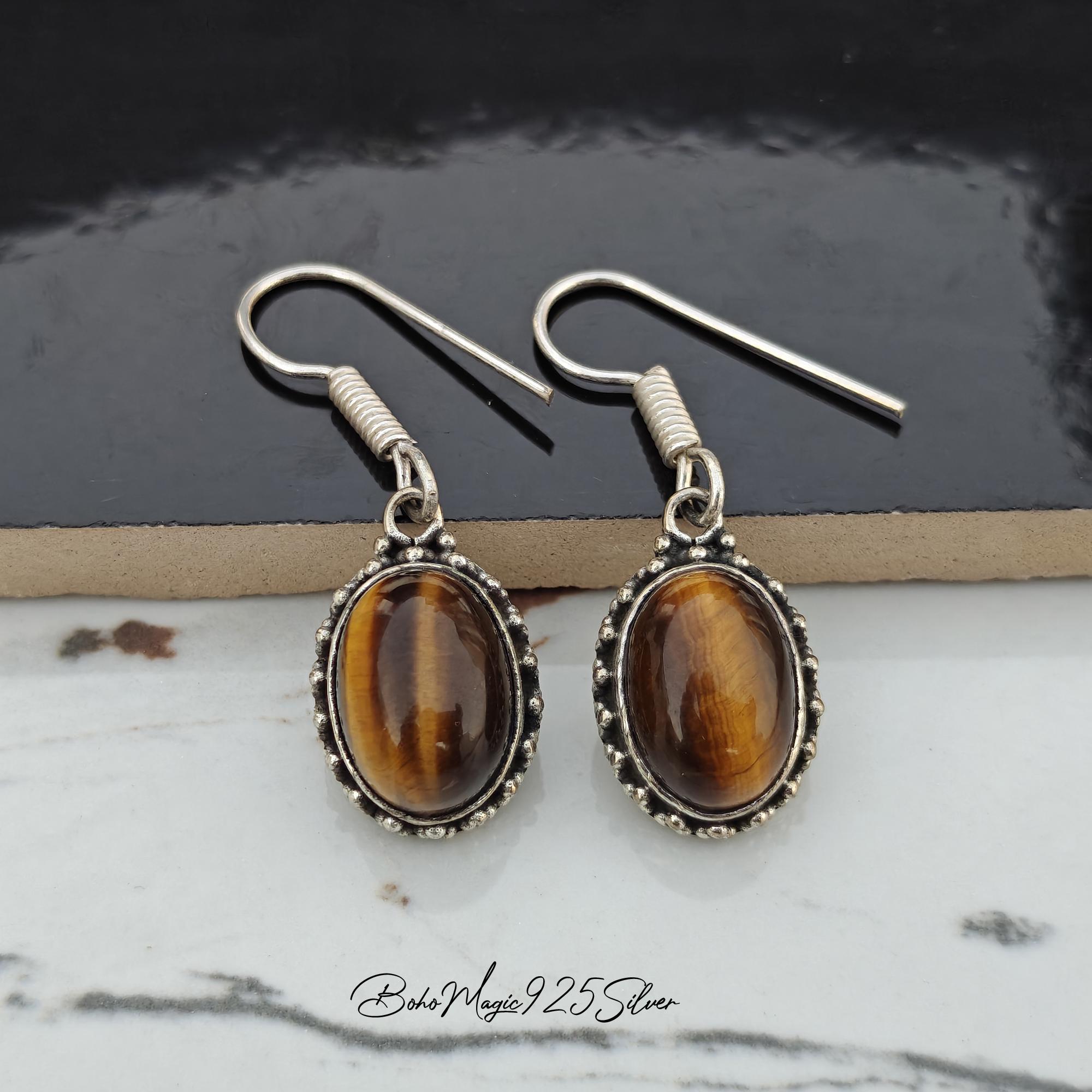 Handmade Tiger's Eye Dangle Earrings: 925 Sterling Silver Jewelry
