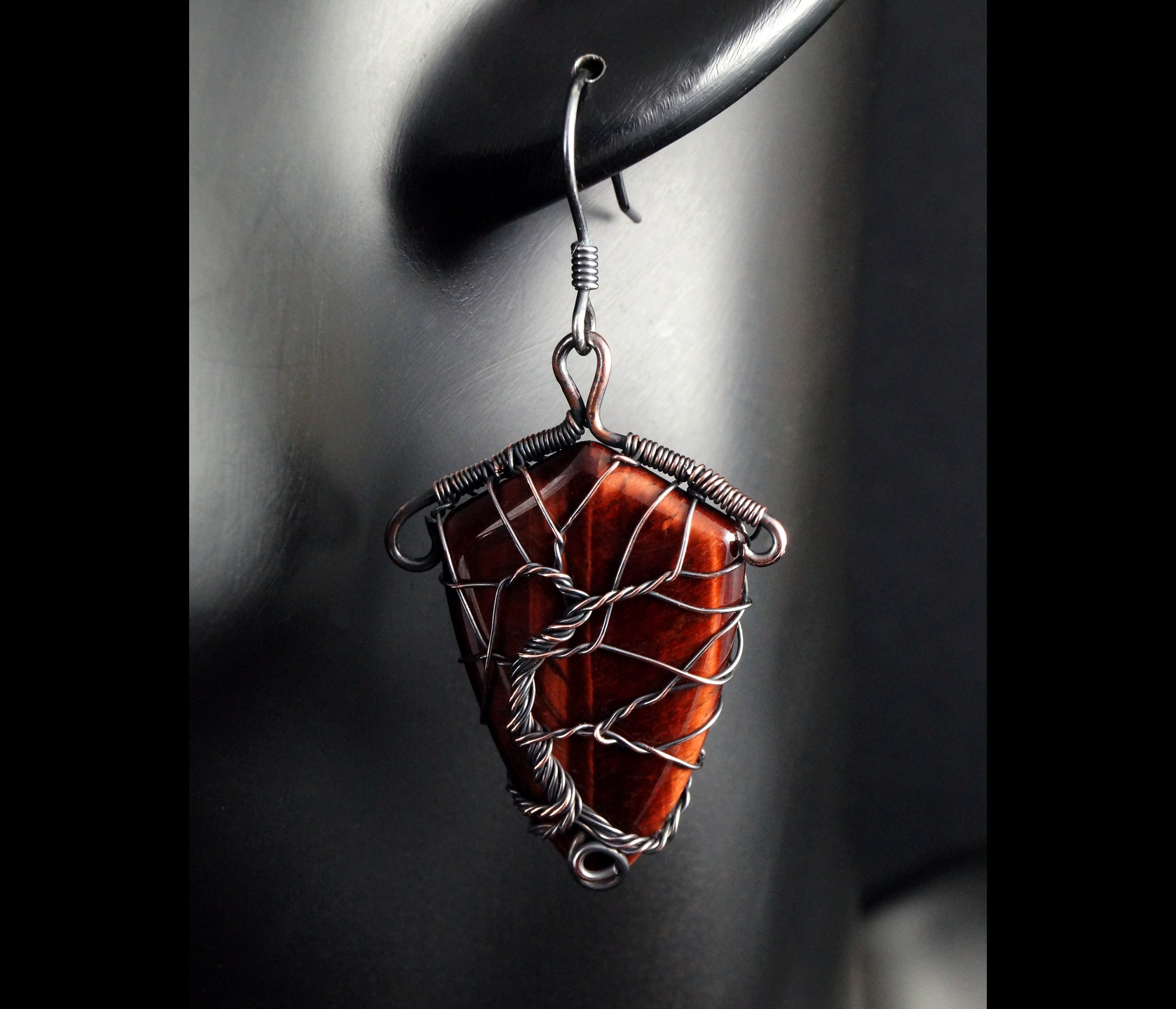 Handmade Tree Of Life Tiger Eye Earrings: Patinated Copper Wire Wrapped Handmade Tree Of Life Tiger Eye Earrings: Patinated Copper Wire Wrapped