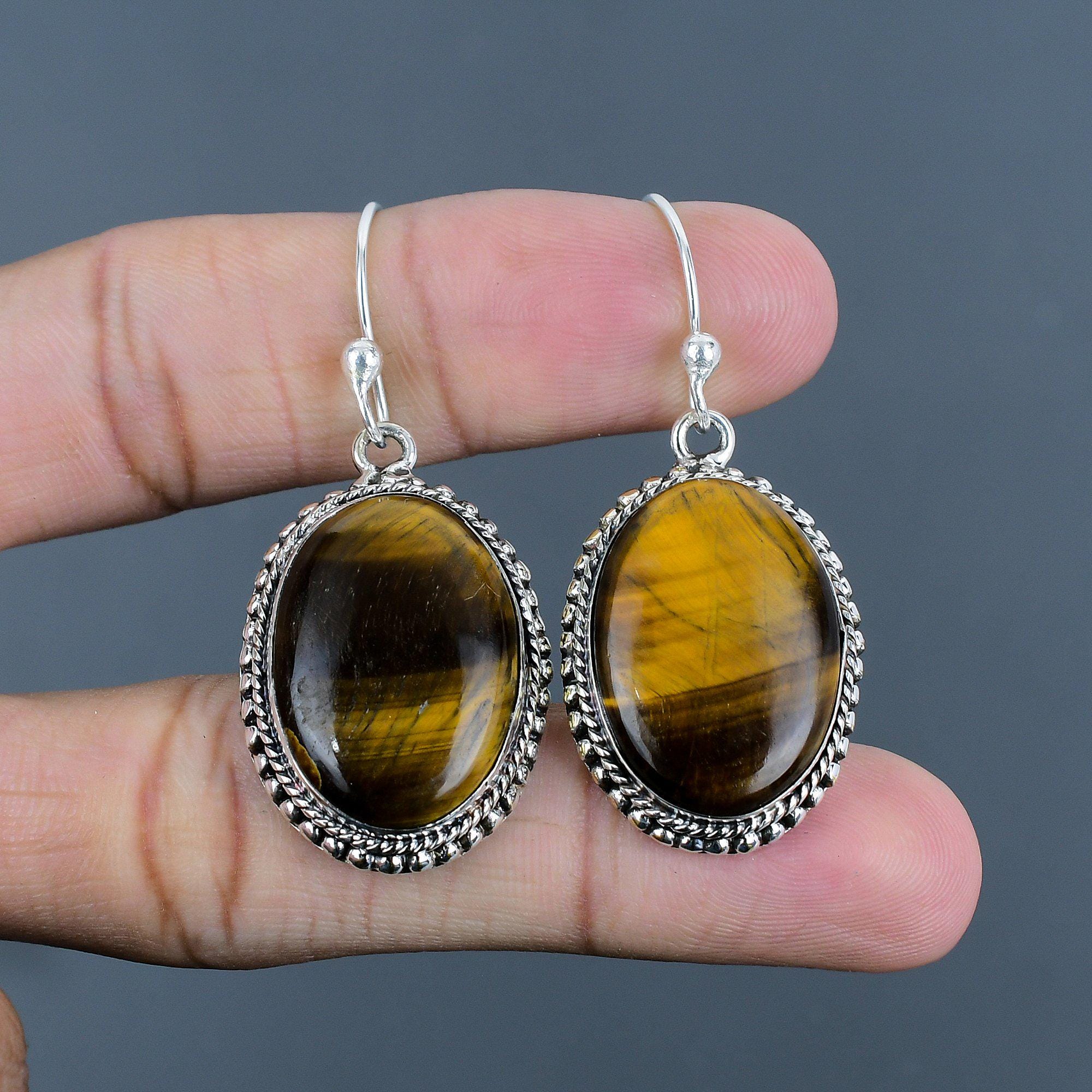 Handmade Vintage Tiger's Eye 925 Sterling Silver Drop Earrings