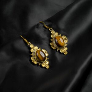 Natural Tiger Eye Brass Earrings , Bohemian Gemstone Dangle (50x23mm) Natural Tiger Eye Brass Earrings , Bohemian Gemstone Dangle (50x23mm)