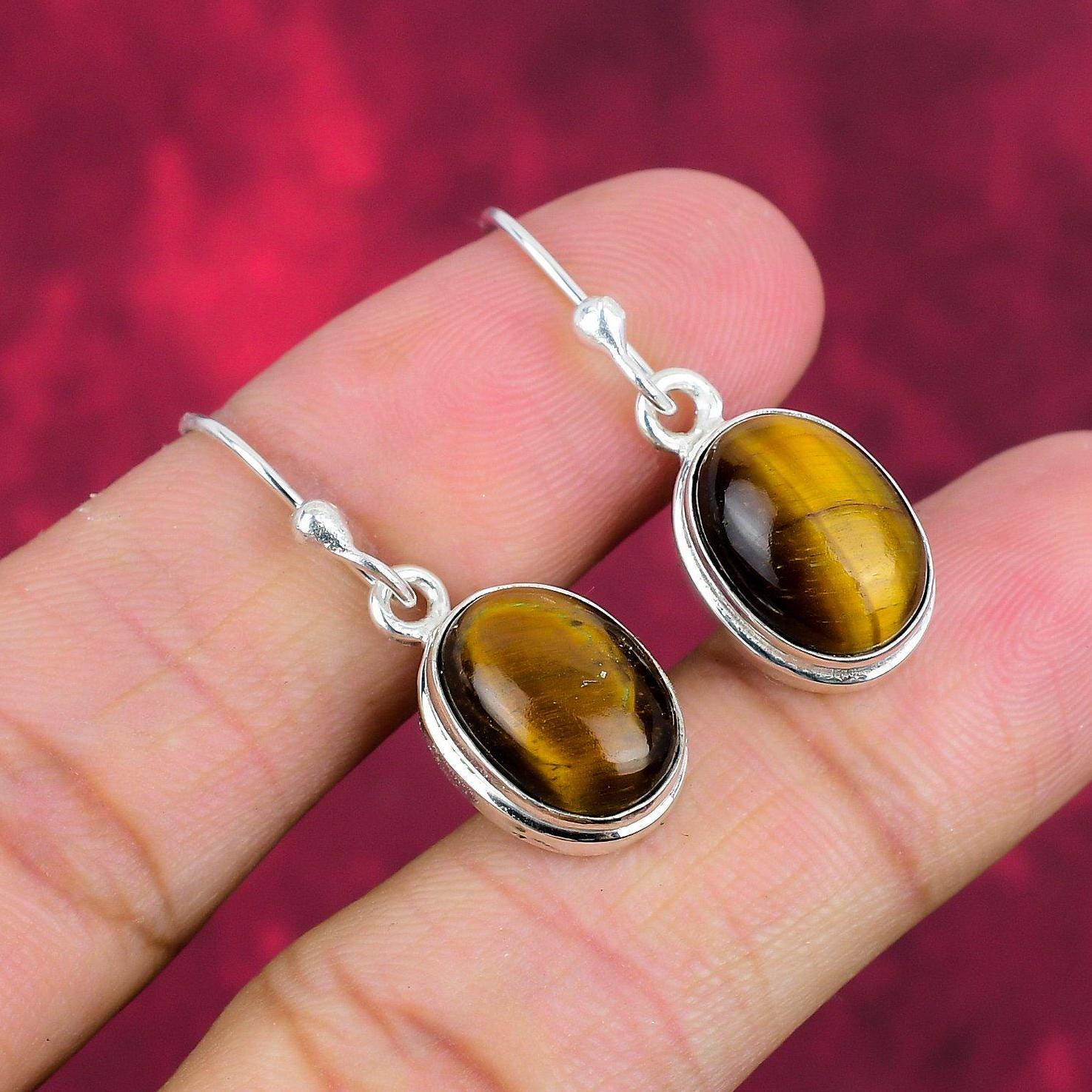 Natural Tiger's Eye Earrings, Gemstone Silver Earrings, Oval Shape Earring, 925 Sterling Silver Jewelry, Handmade Dangle Earrings Gift