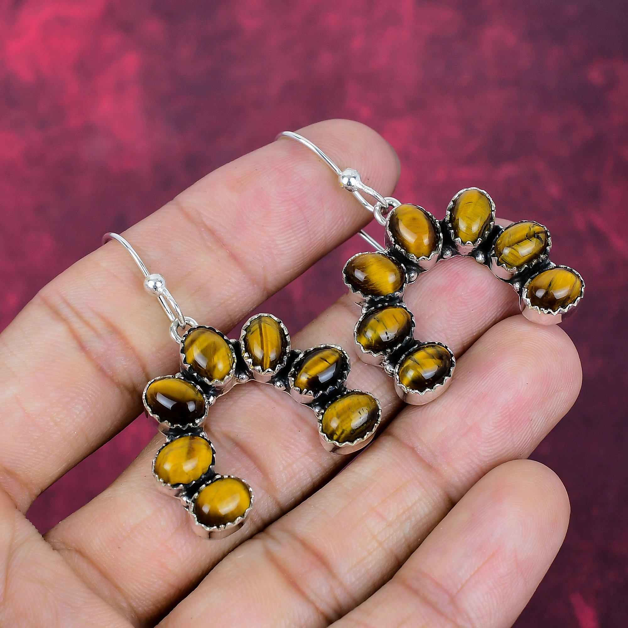 Natural Tiger's Eye Gemstone Earrings In 925 Sterling Silver - Tiger's Eye Silver Earring Ocean Theme Gemstone Jewelry Halloween Gifts