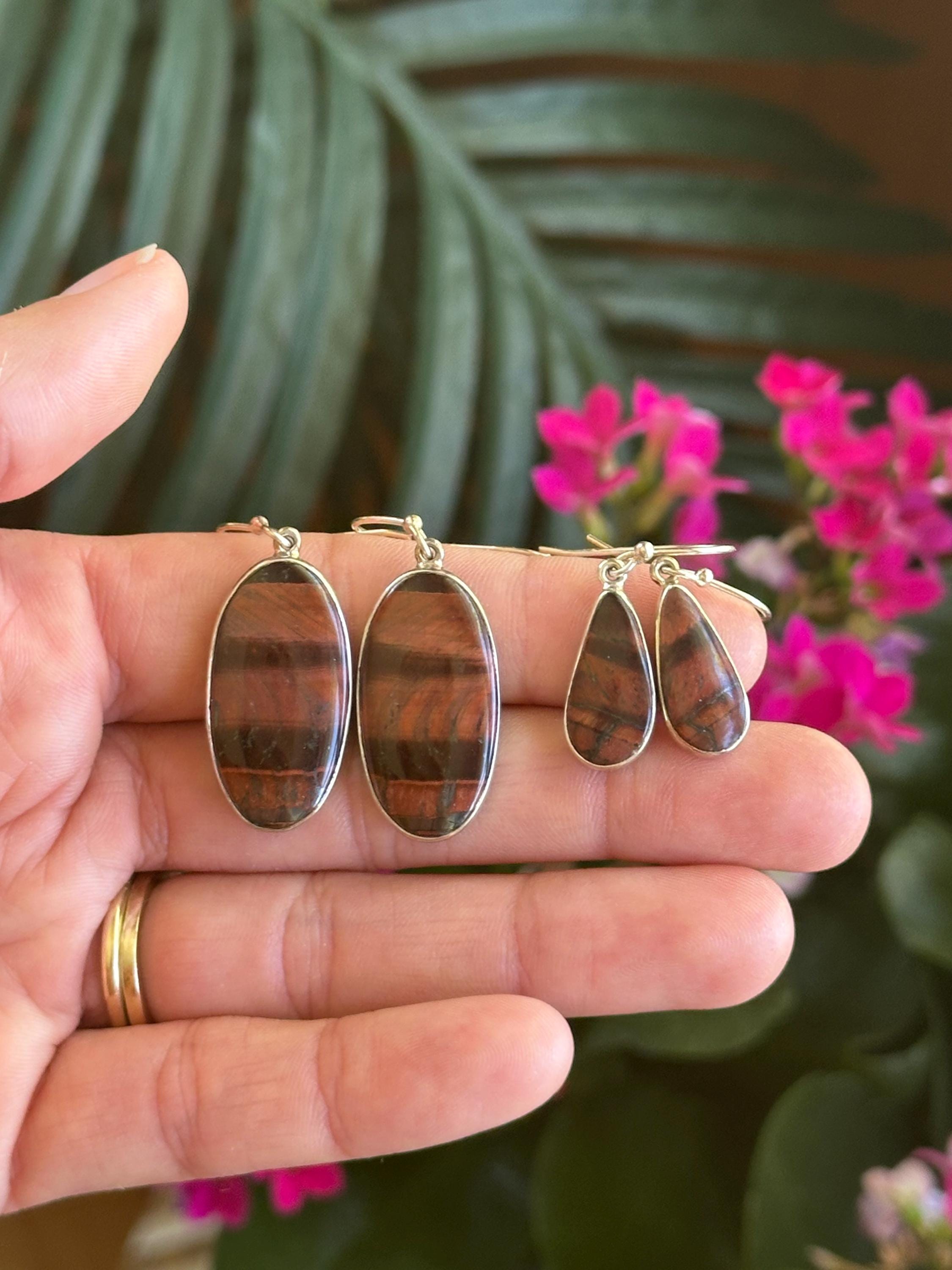 Red Tigers Eye Dangle Earrings, .925 Sterling Silver