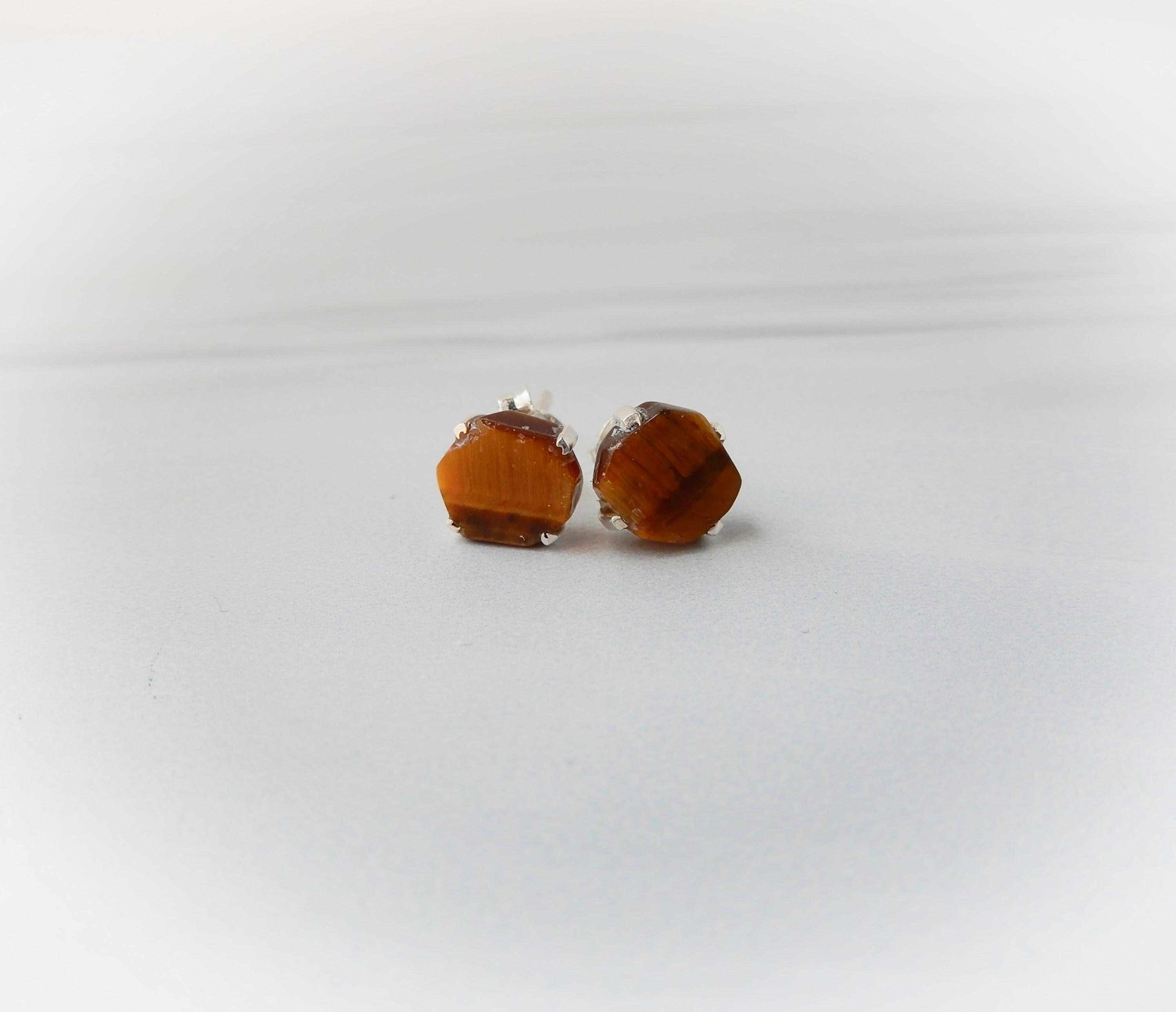 Tiger Eye Earrings Sterling Silver • Gemstone Stud Earrings • Rough Gemstone Earring • Tiger Eye Stud Earring • Affordable Gift • Great Gift