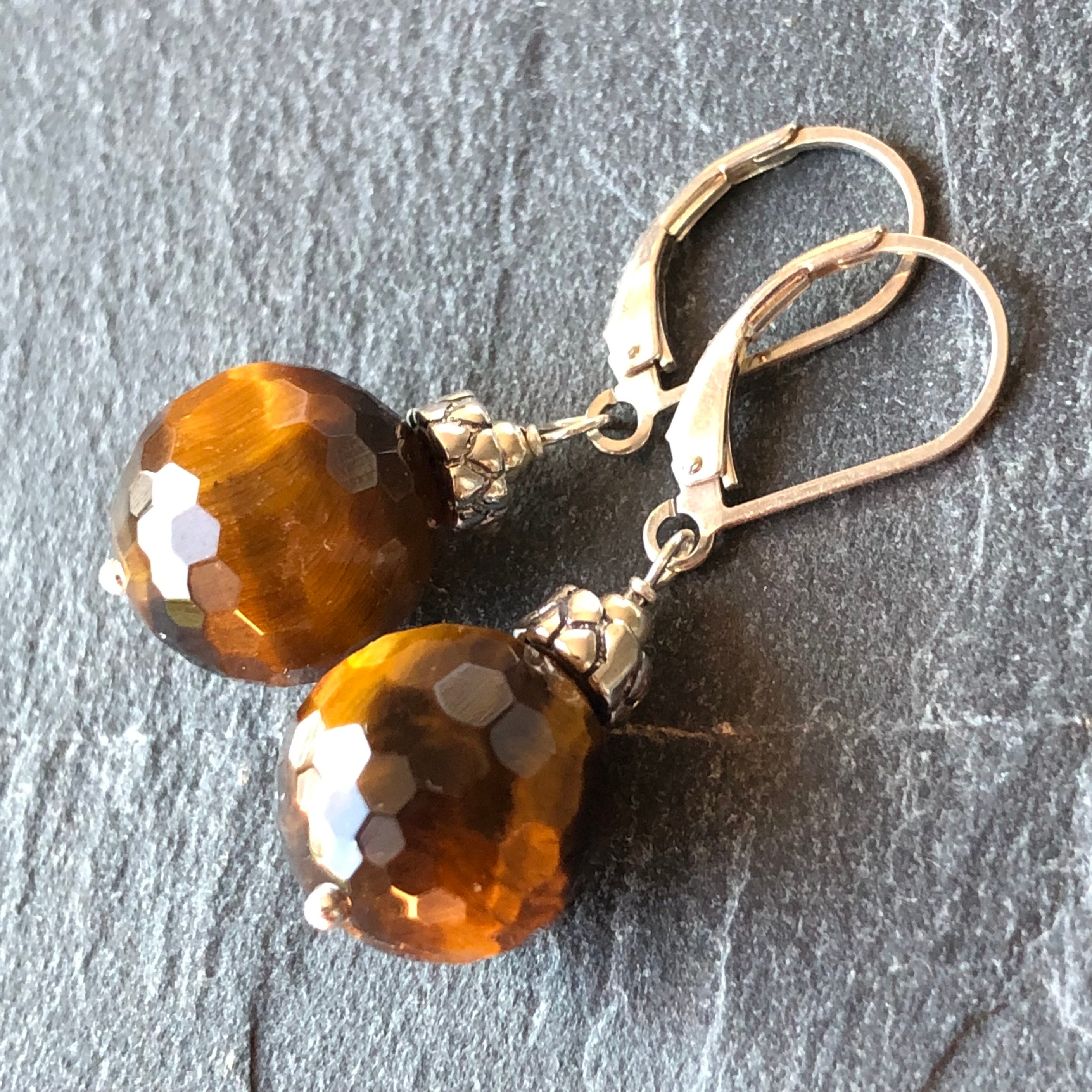 Tiger Eye Earrings, Sterling Silver Dangle Drops 6579 Tiger Eye Earrings, Sterling Silver Dangle Drops 6579