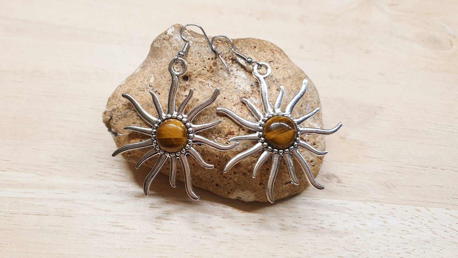 Sunburst Tigers Eye Earrings. Sun Purple Reiki Jewelry Uk. Gemstone Dangle Earrings