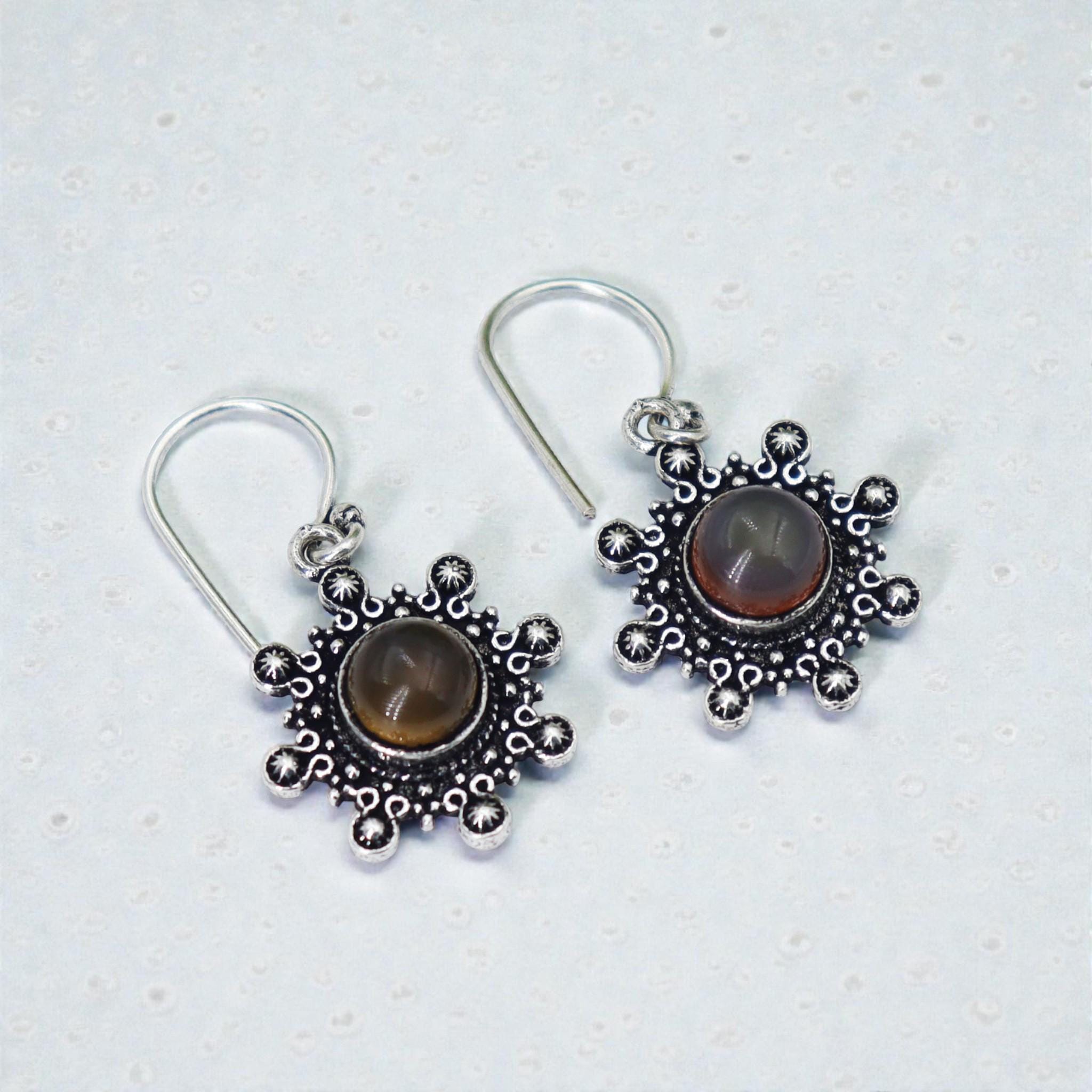 Tiger's Eye 925 Sterling Silver Floral Earrings, Handmade Boho Charm