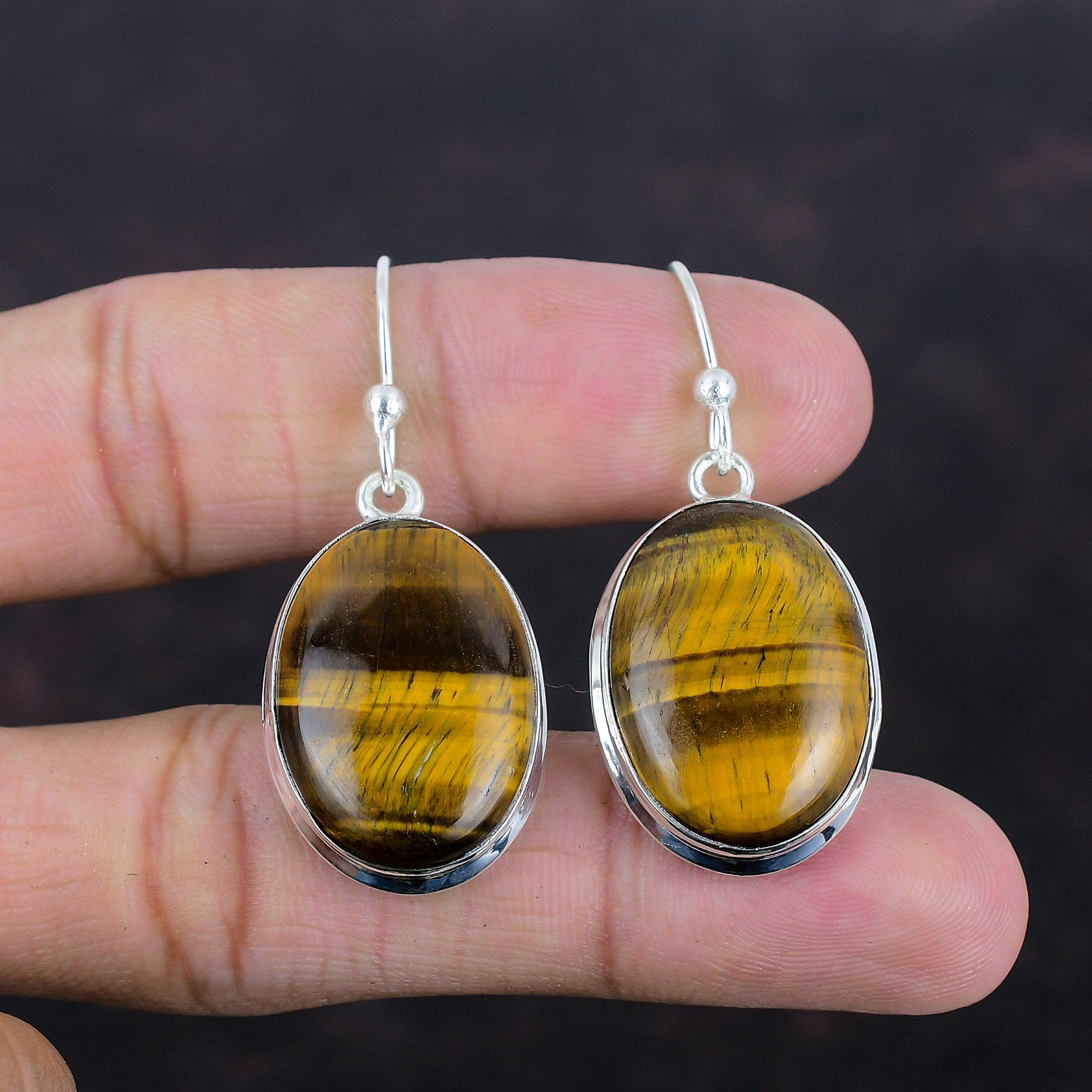 Tiger's Eye 925 Sterling Silver Drop Earrings: Handmade Gemstone Jewelry