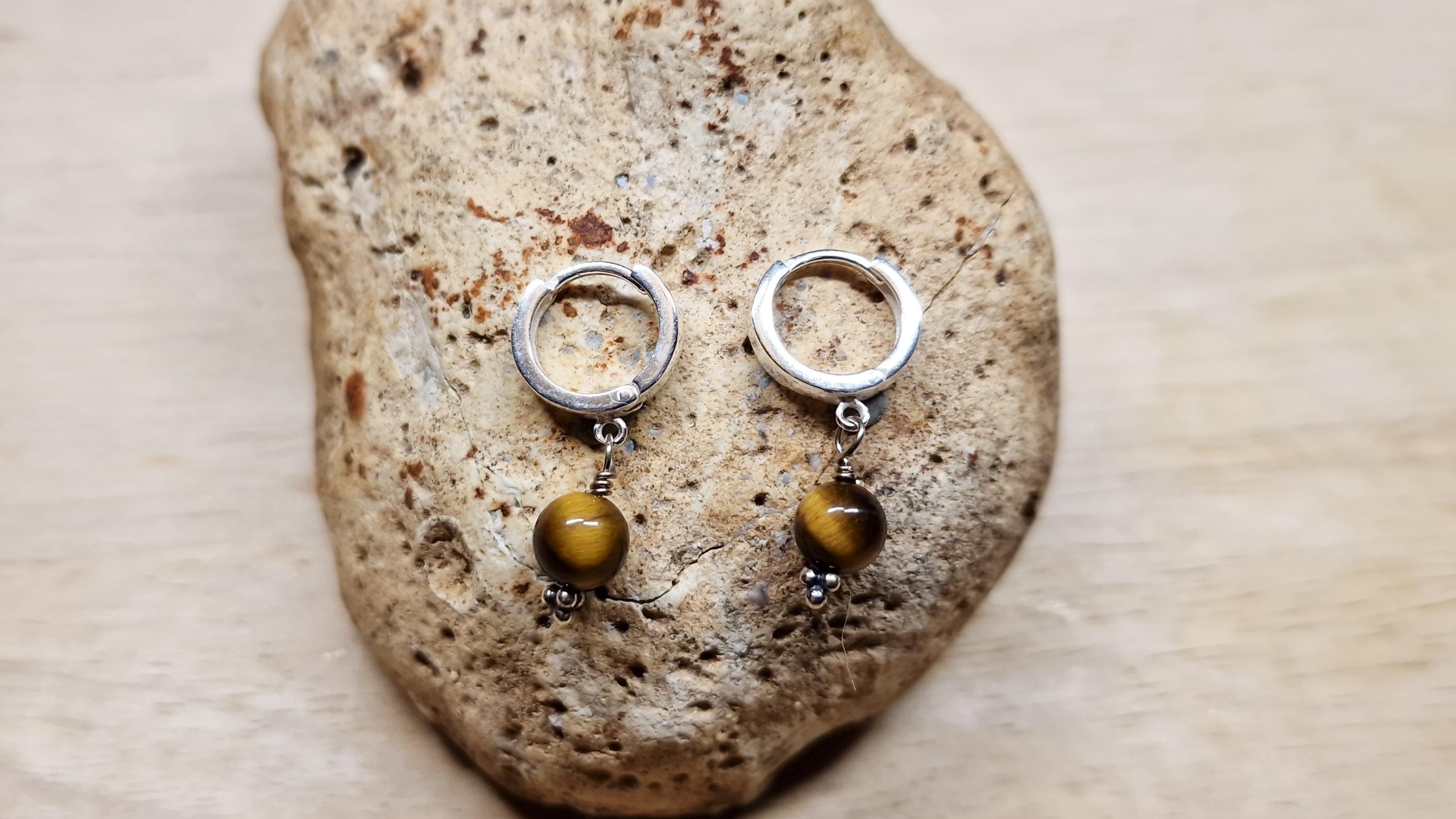 Tigers Eye Huggie Hoop Earrings. Crystal Reiki Jewelry Uk. 12mm 925 Sterling Silver Hoops. Capricorn Jewellery