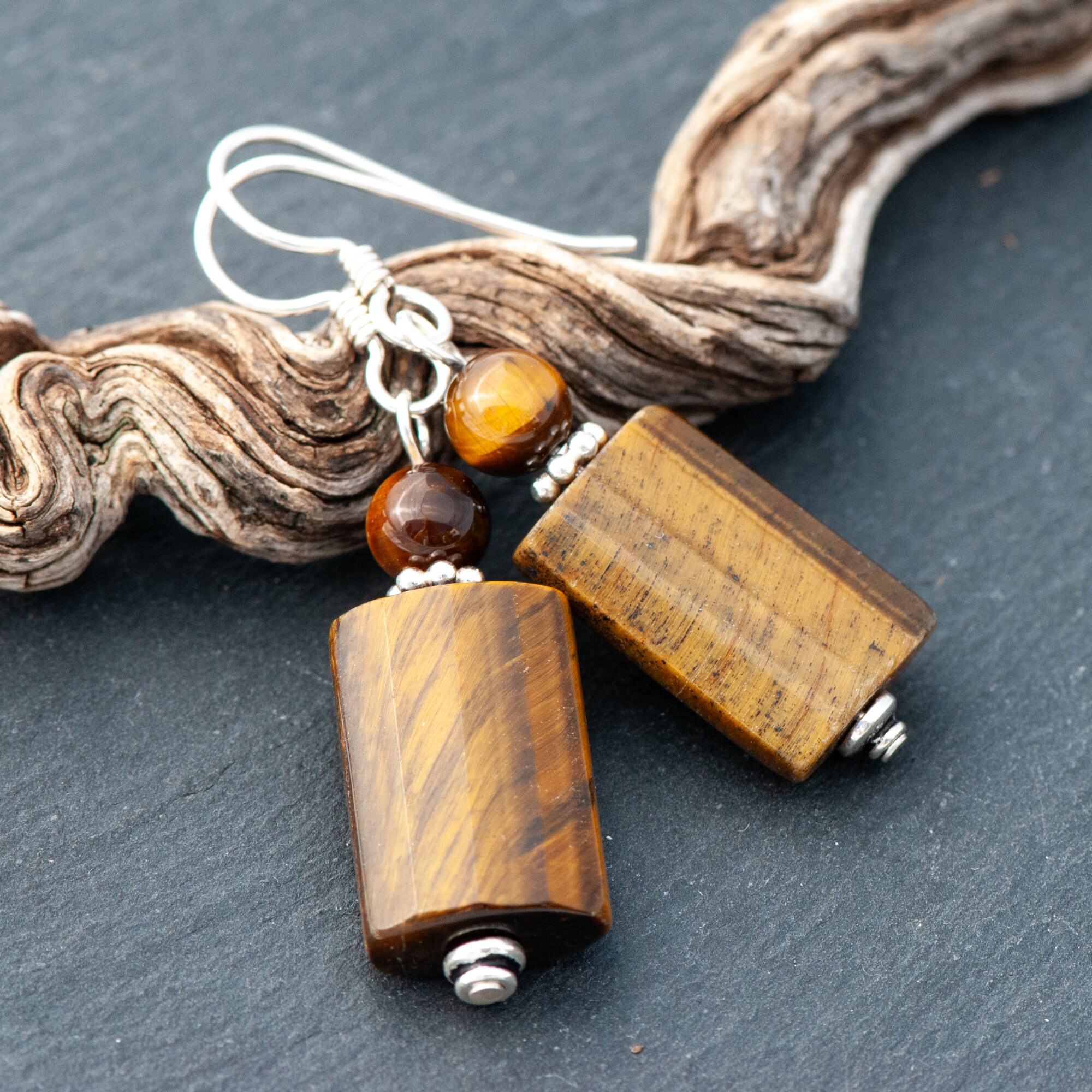 Tiger's Eye Earrings, Rectangular Honey Brown Natural Stone Dangles, 925 Sterling Silver French Ear Wires