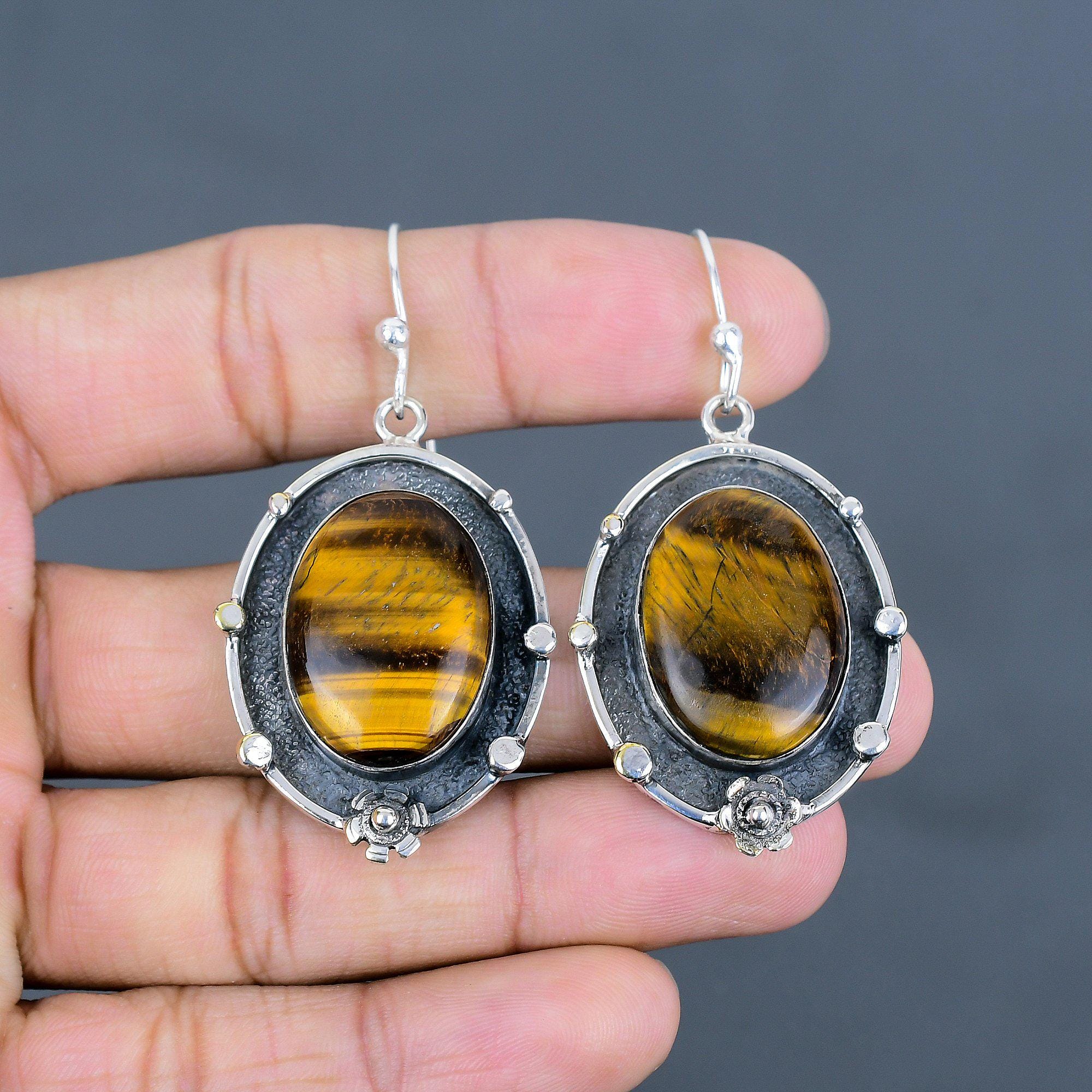 Tiger's Eye Sterling Silver Earrings, Handmade Gemstone Jewelry