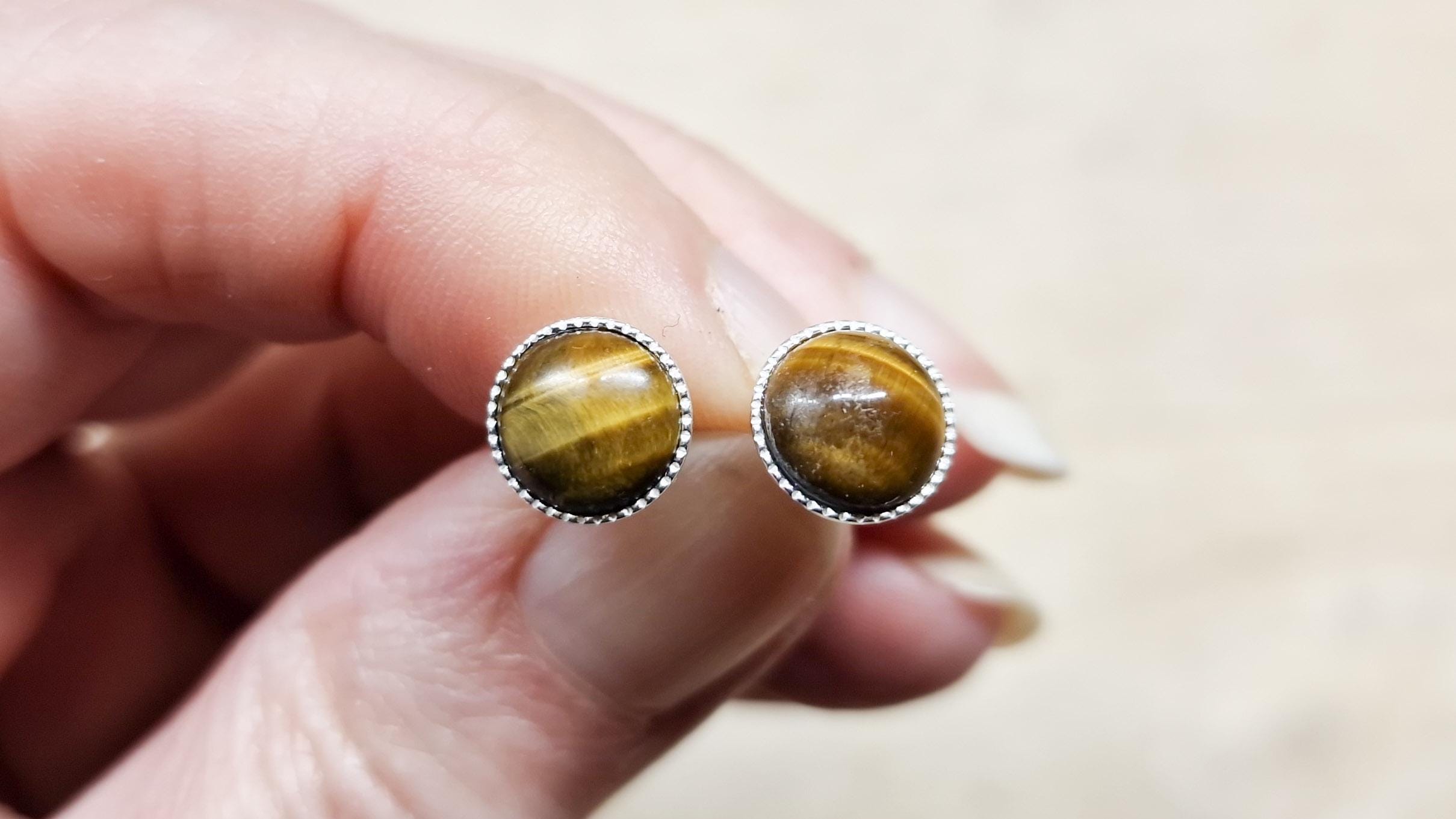 Tiger's Eye Stud Earrings. 925 Sterling Silver. Post Earrings. Reiki Jewelry Uk. Capricorn Jewelry. 8mm Stone
