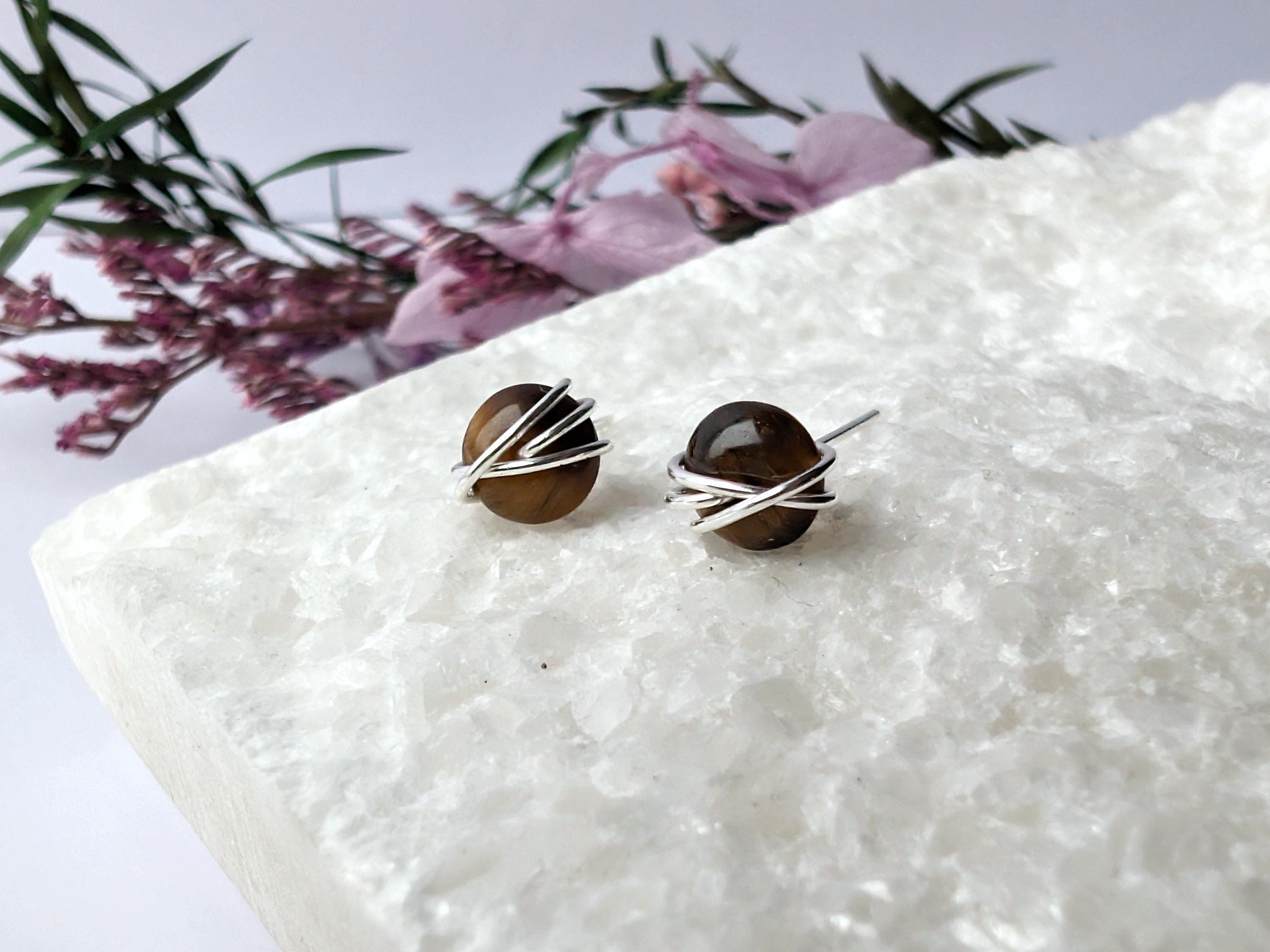 Tiger's Eye Stud Earrings Sterling Silver 14k Gold Filled Jewellery Wire Wrapped Gift For Her Dainty Earring Studs
