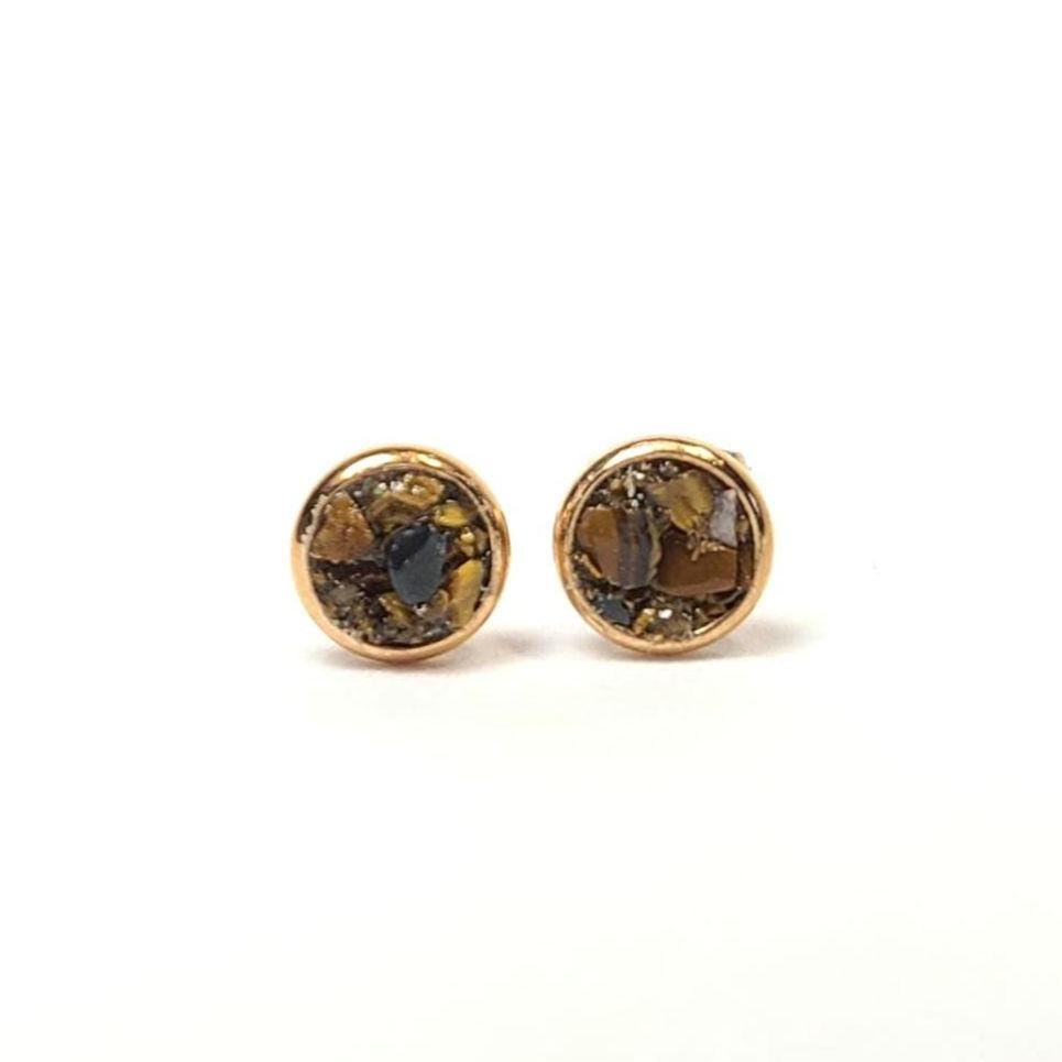 Yellow Tiger Eye Crushed Stone Rose Gold Plated Stainless Steel 6mm Stud Earrings