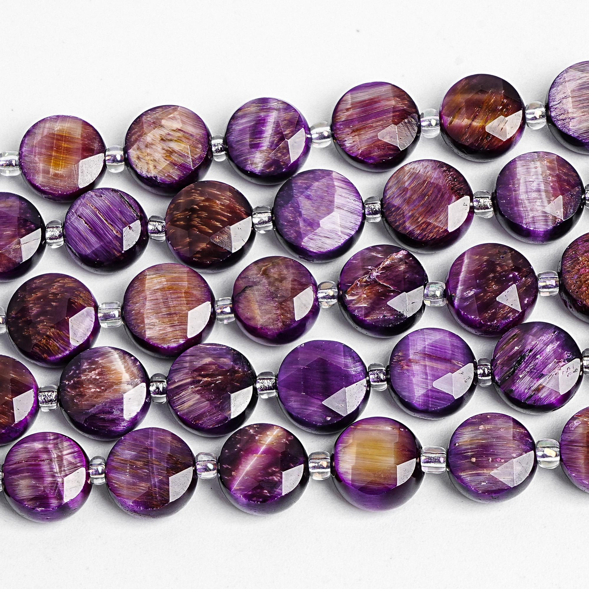 10mm Purple Tiger Eyes Beads Grade Aa Natural Gemstone Faceted Coin Loose Beads 15" Bulk Lot Options