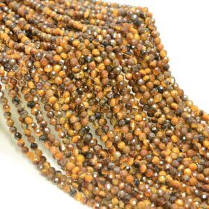 3MM Tiger Eye Gemstone Yellow Micro Faceted Round Grade Aaa Beads 15inch BULK LOT 1,6,12,24 and 48 (80010156-A195)