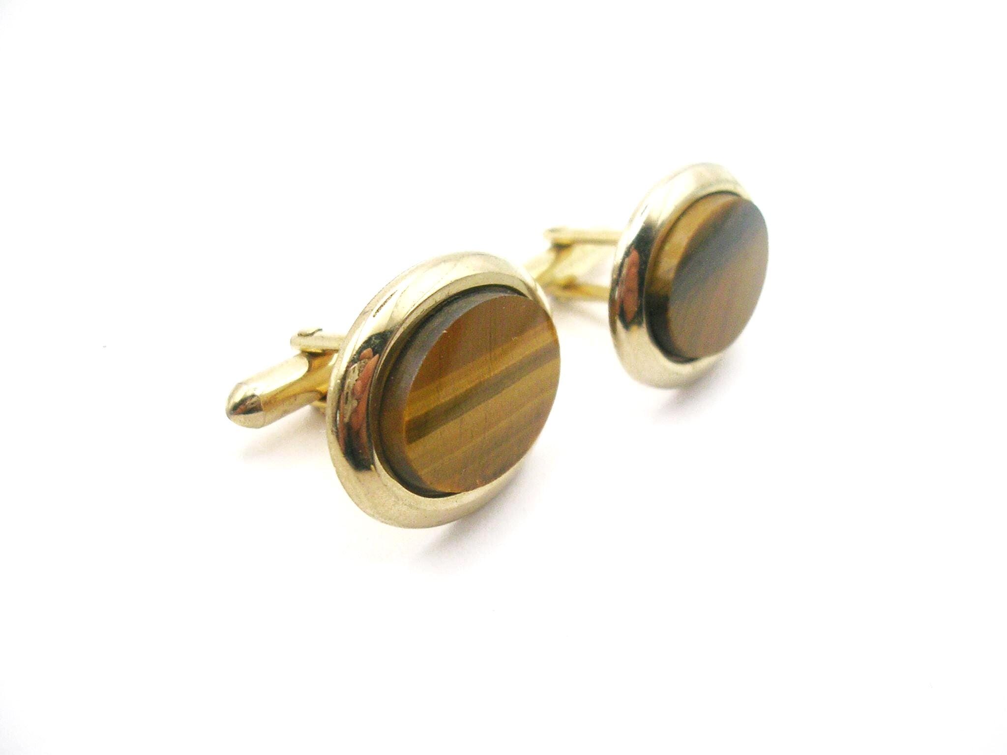 Tiger Eye Gemstone Cuff Links Vintage Gold Tone Men's Formal Suit Accessory Tiger Eye Gemstone Cuff Links Vintage Gold Tone Men's Formal Suit Accessory