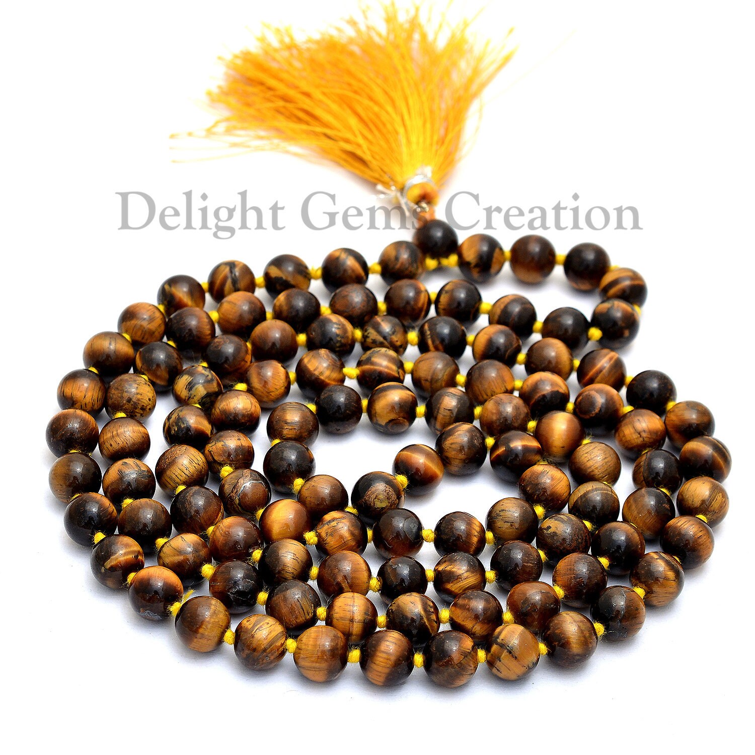 Tiger Eye 108 Beads Mala Necklace, Spiritual Meditation Tassel